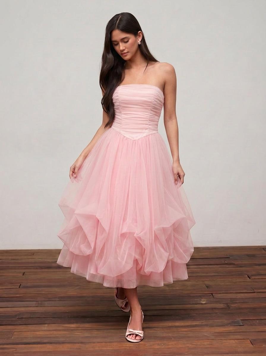 Mesh High Rise Strapless Ruched Bubble Maxi Dress by CIDER