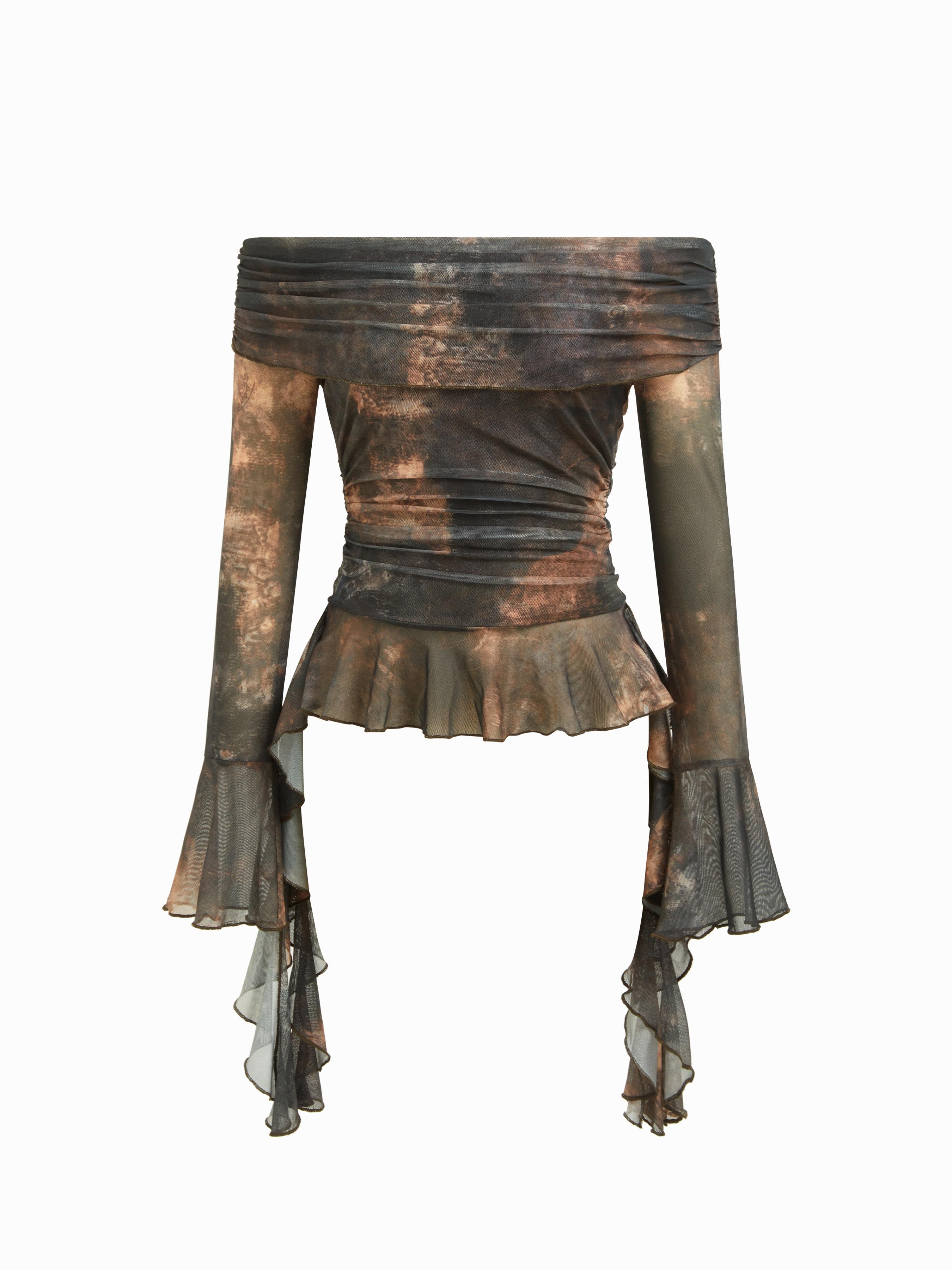 Mesh Illusion Off-shoulder Bell Sleeve Ruffle Ruched Top by CIDER