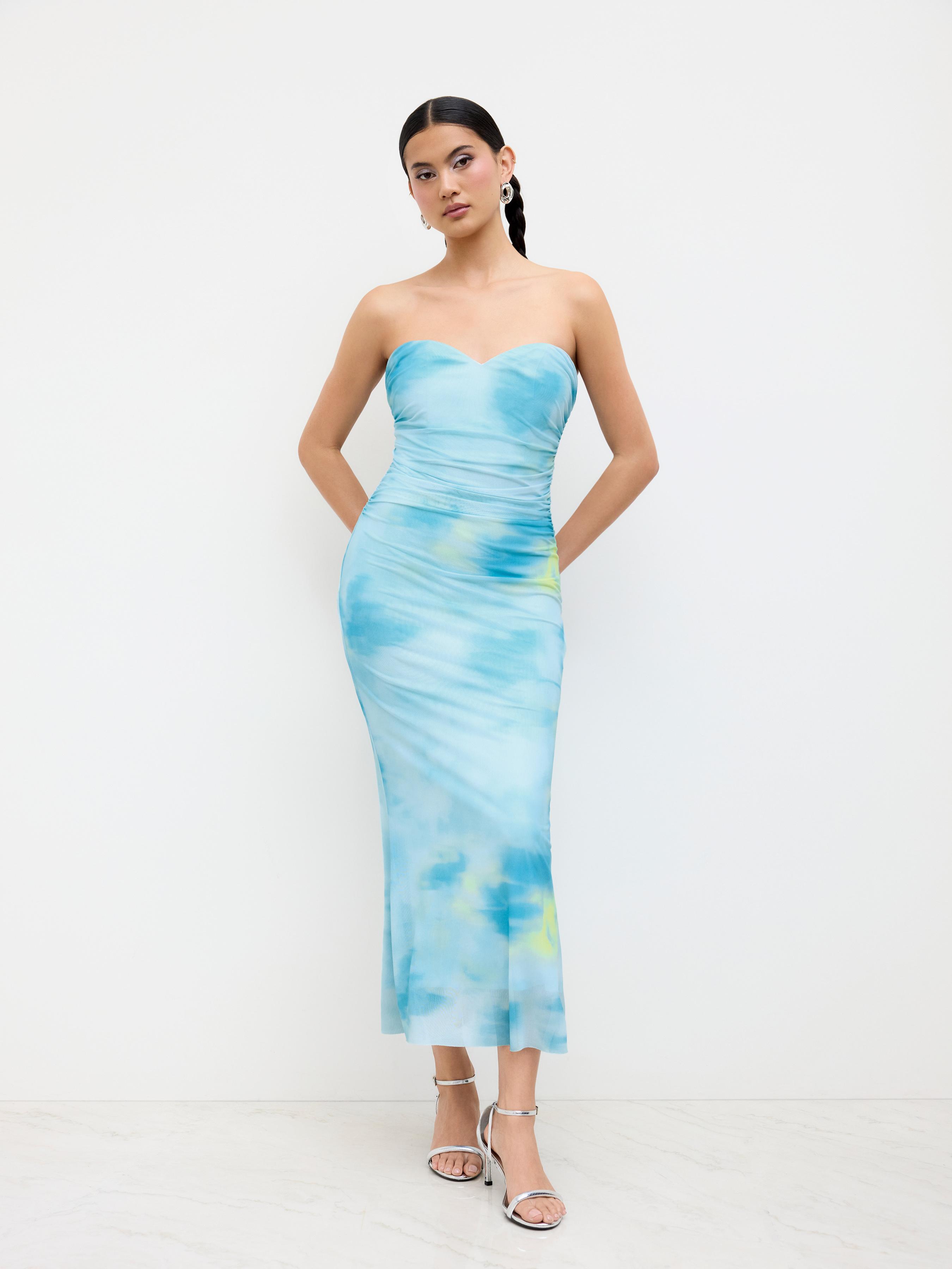 Mesh Illusion Ruched Bandeau Maxi Dress by CIDER