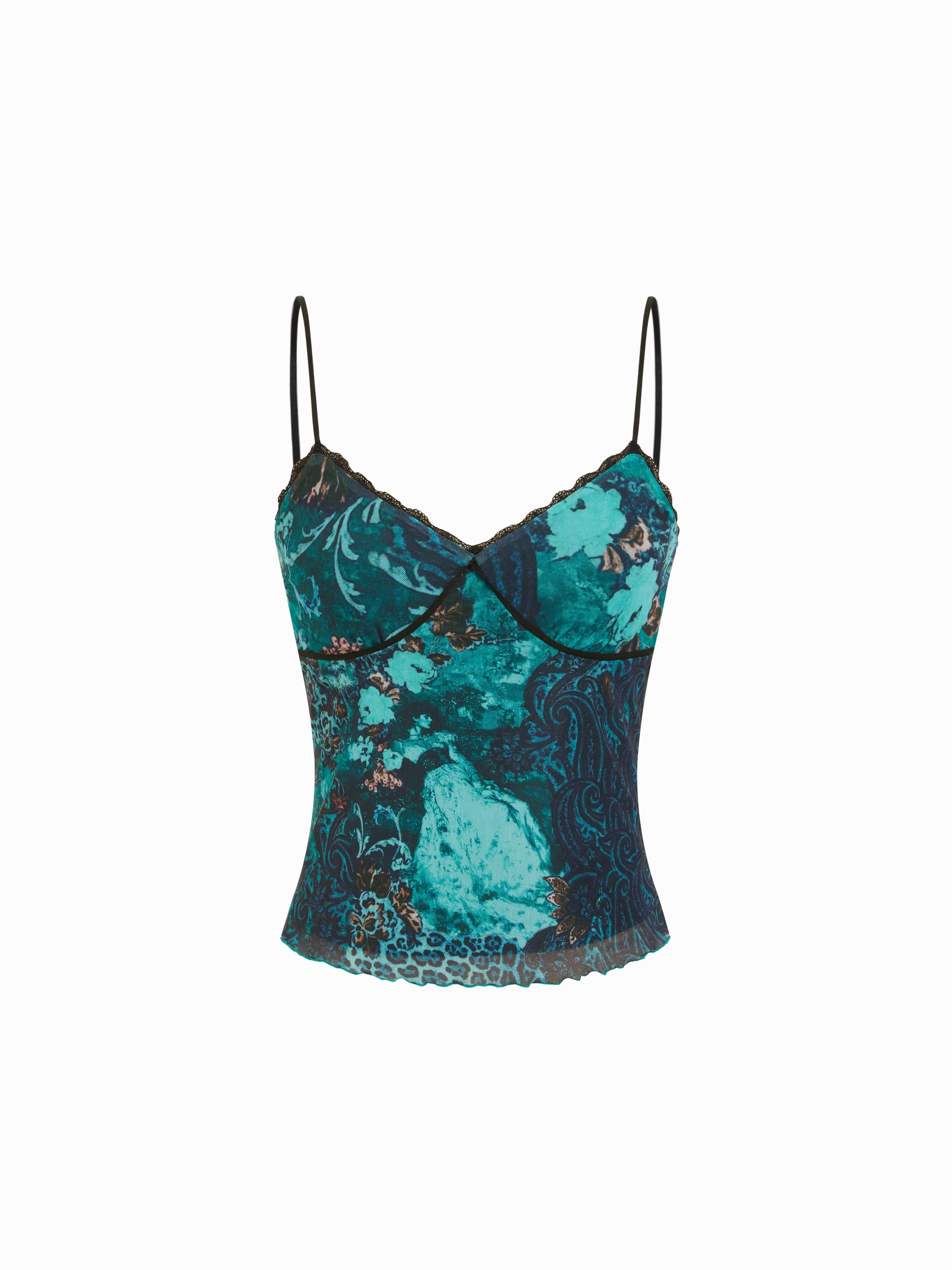 Mesh Leopard & Floral Graphic V-Neck Lace Trim Cami Top by CIDER