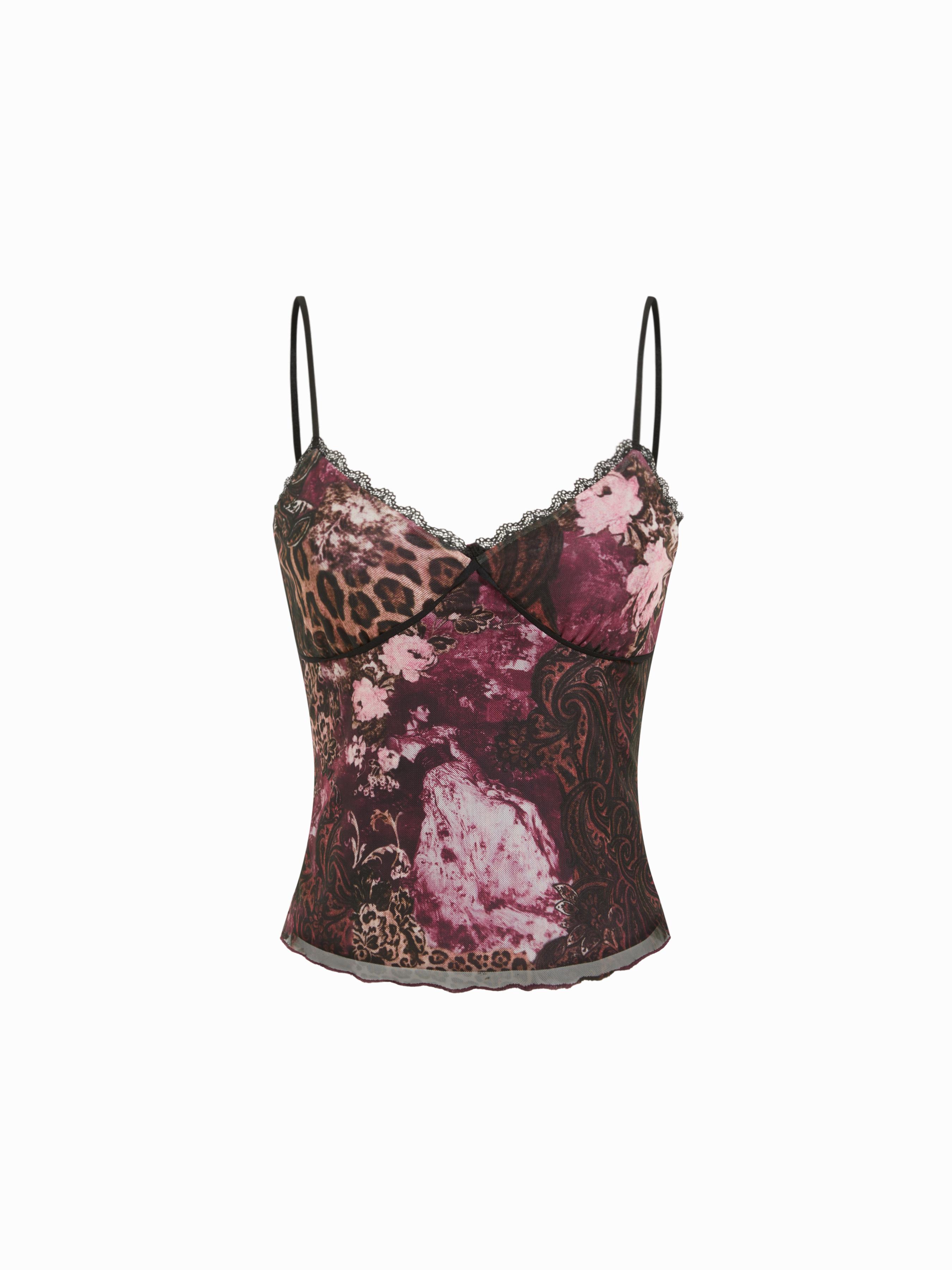 Mesh Leopard & Floral Graphic V-Neck Lace Trim Cami Top by CIDER
