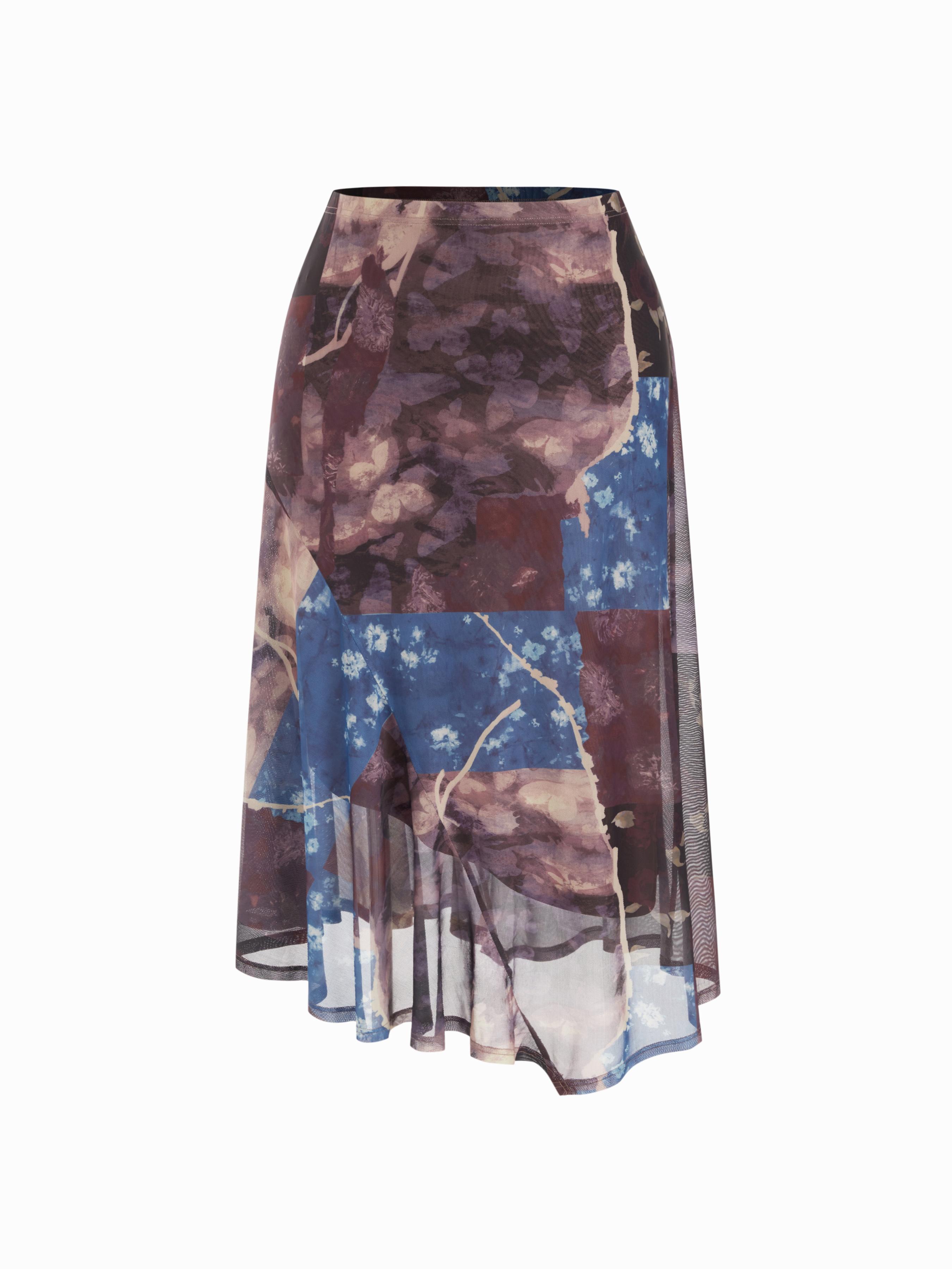 Mesh Mid Rise Abstract Graphic Floral Asymmetrical Hem Maxi Skirt Curve & Plus by CIDER Mesh Mid Rise Abstract Graphic Floral Asymmetrical Hem Maxi Skirt Curve & Plus by CIDER