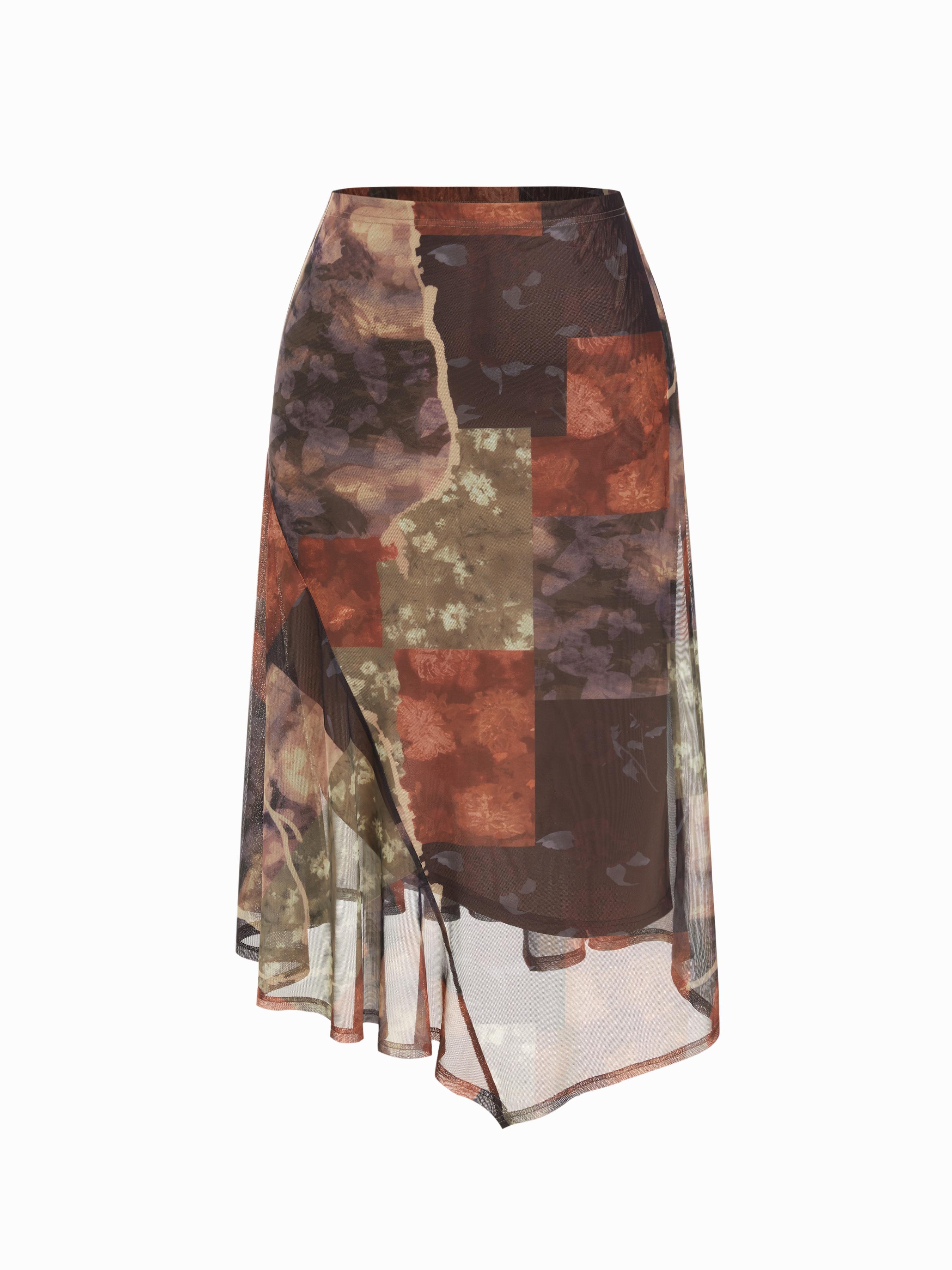 Mesh Mid Rise Abstract Graphic Floral Asymmetrical Hem Maxi Skirt Curve & Plus by CIDER