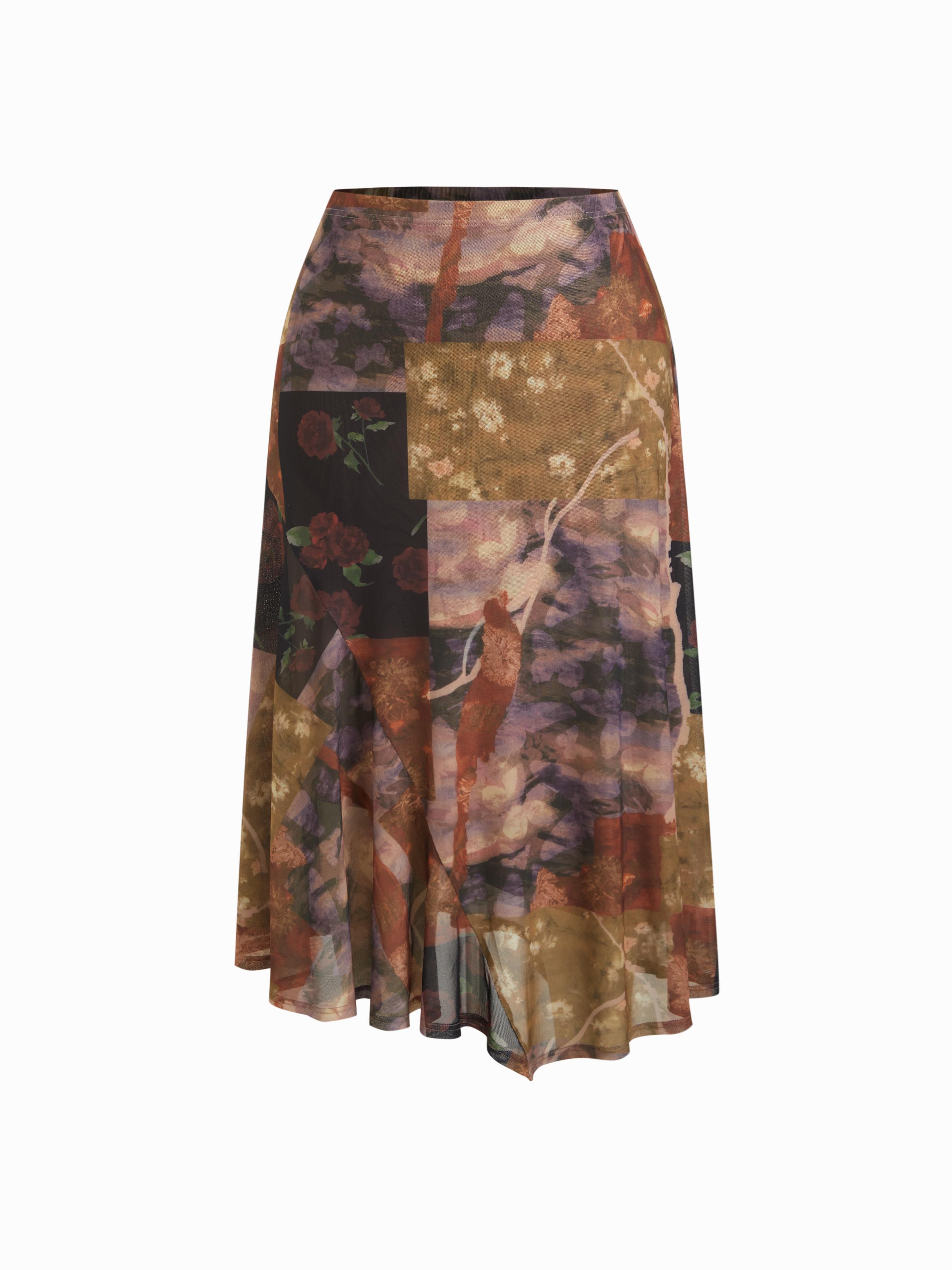 Mesh Mid Rise Abstract Graphic Floral Asymmetrical Hem Maxi Skirt Curve & Plus by CIDER
