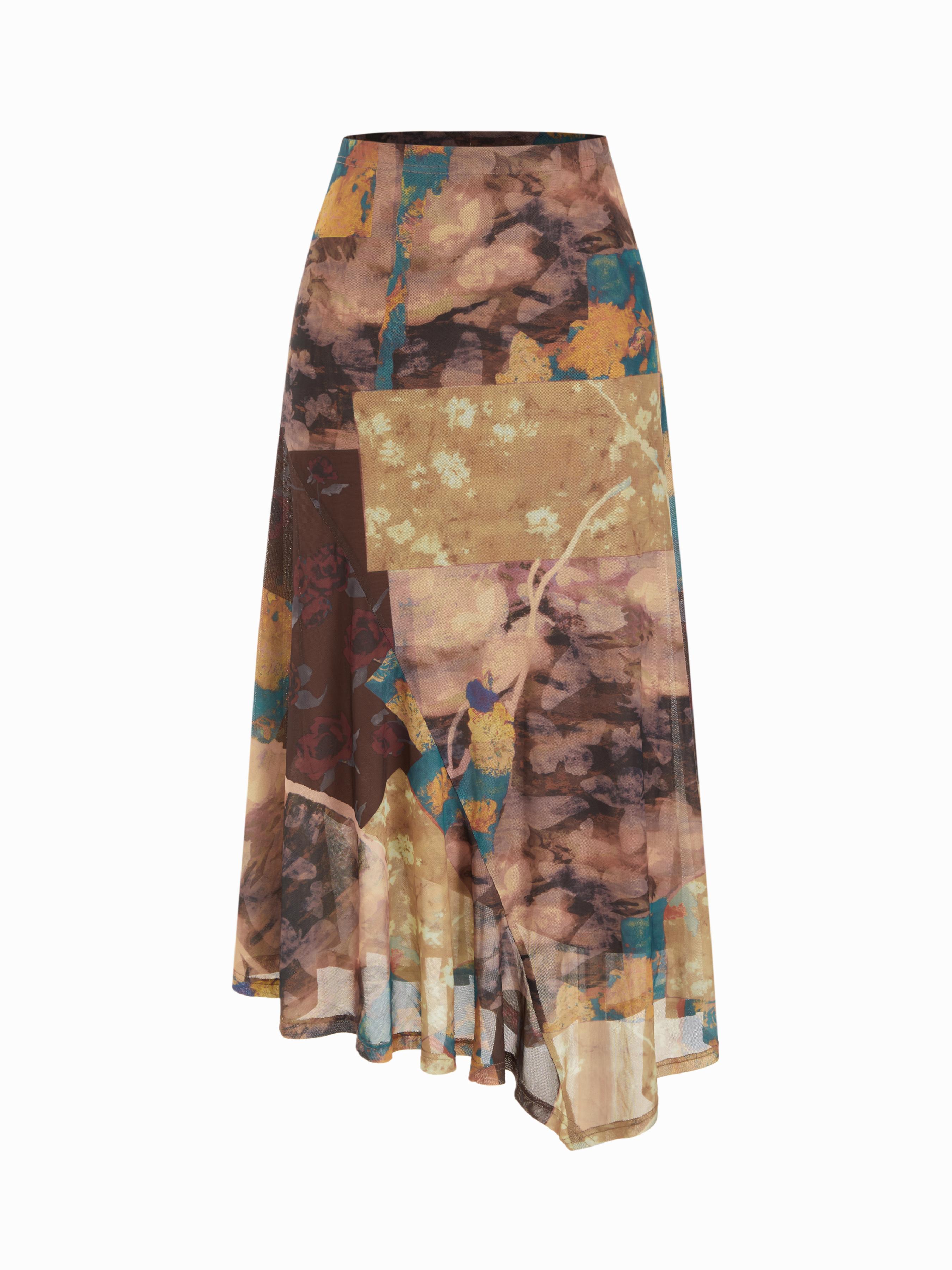 Mesh Mid Rise Abstract Graphic Floral Asymmetrical Hem Maxi Skirt by CIDER Mesh Mid Rise Abstract Graphic Floral Asymmetrical Hem Maxi Skirt by CIDER