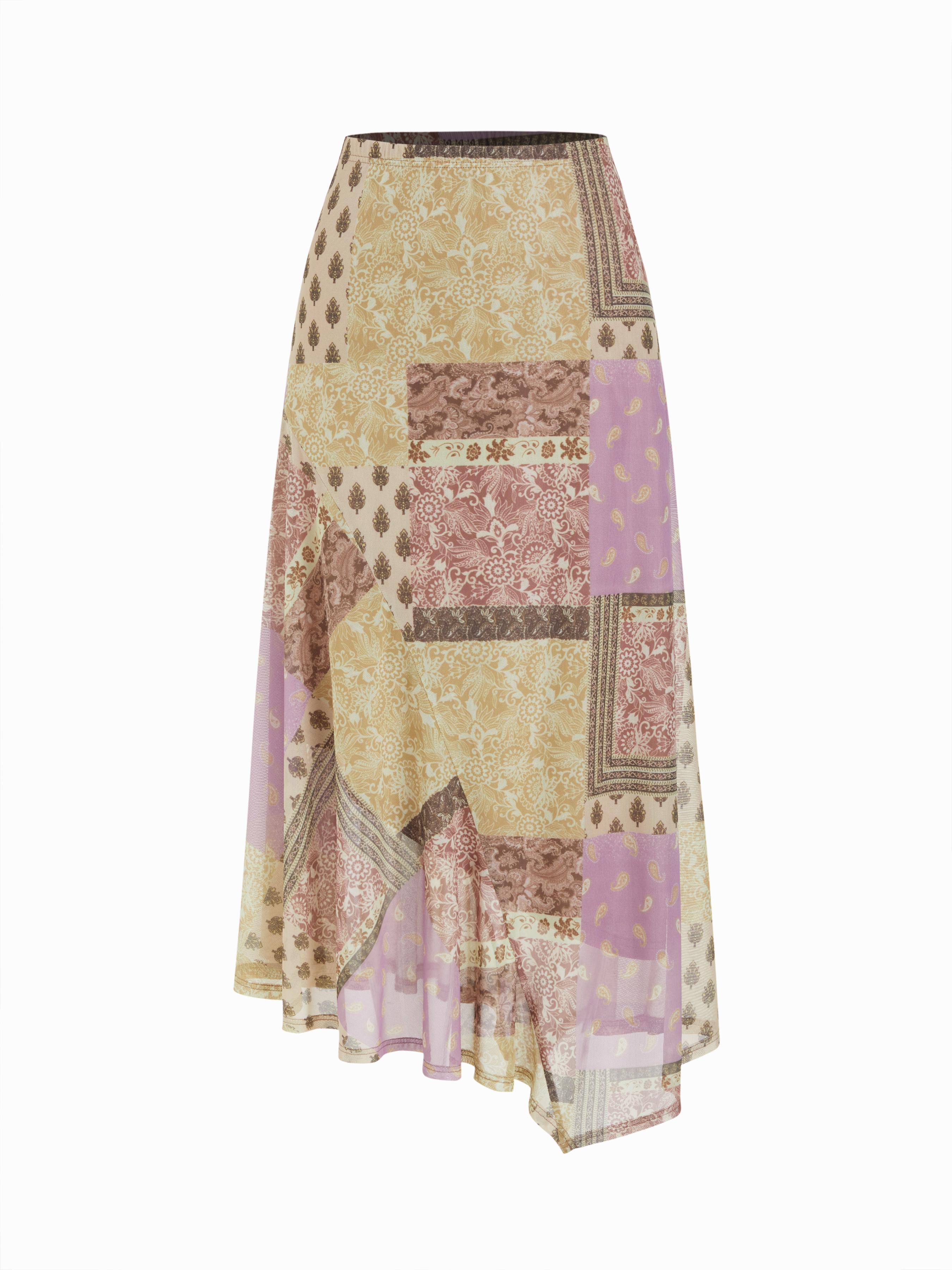 Mesh Mid Rise Abstract Graphic Floral Asymmetrical Hem Maxi Skirt by CIDER