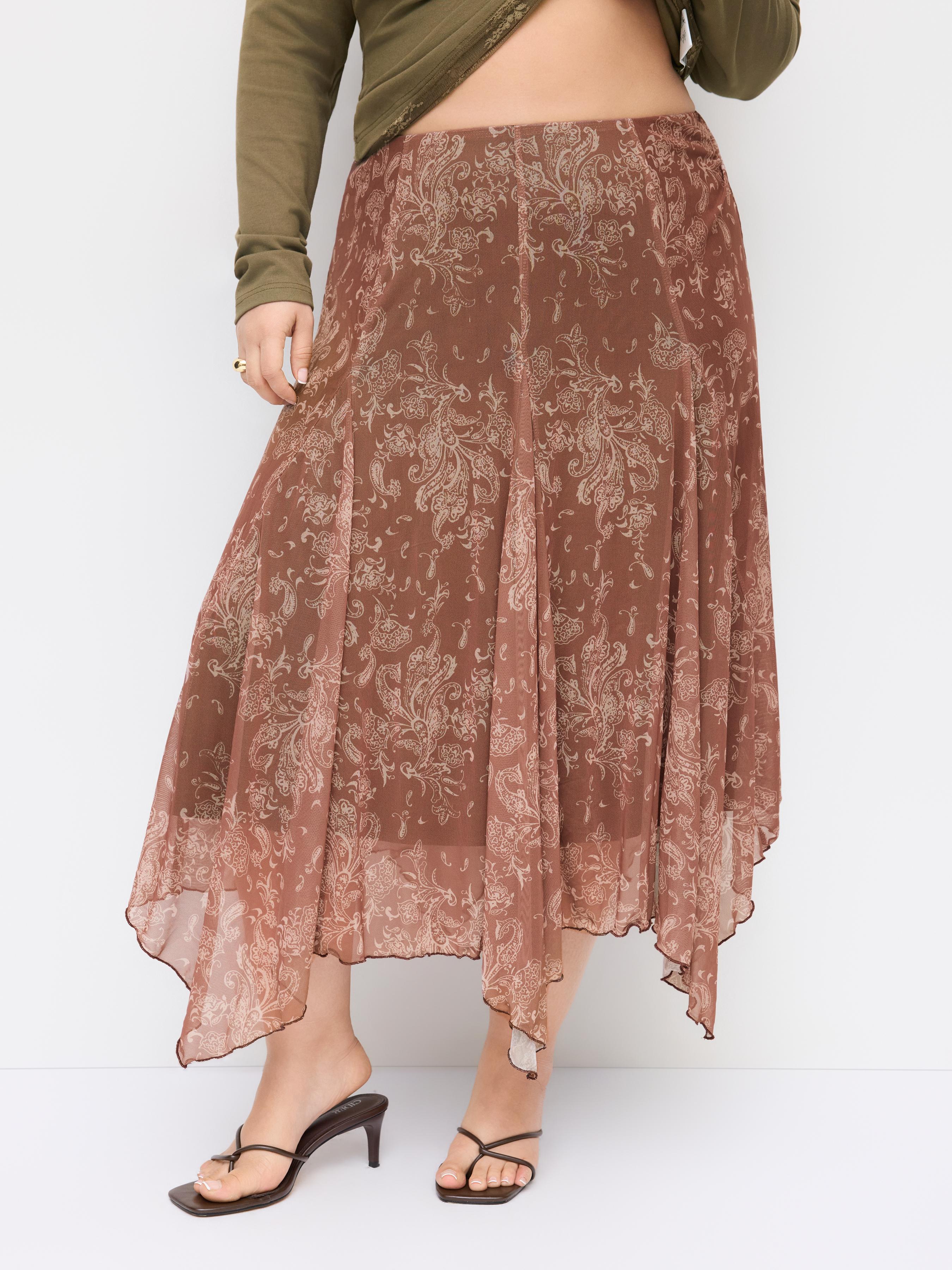 Mesh Mid Rise Aztec Asymmetrical Ruffle Hem Maxi Skirt Curve & Plus by CIDER