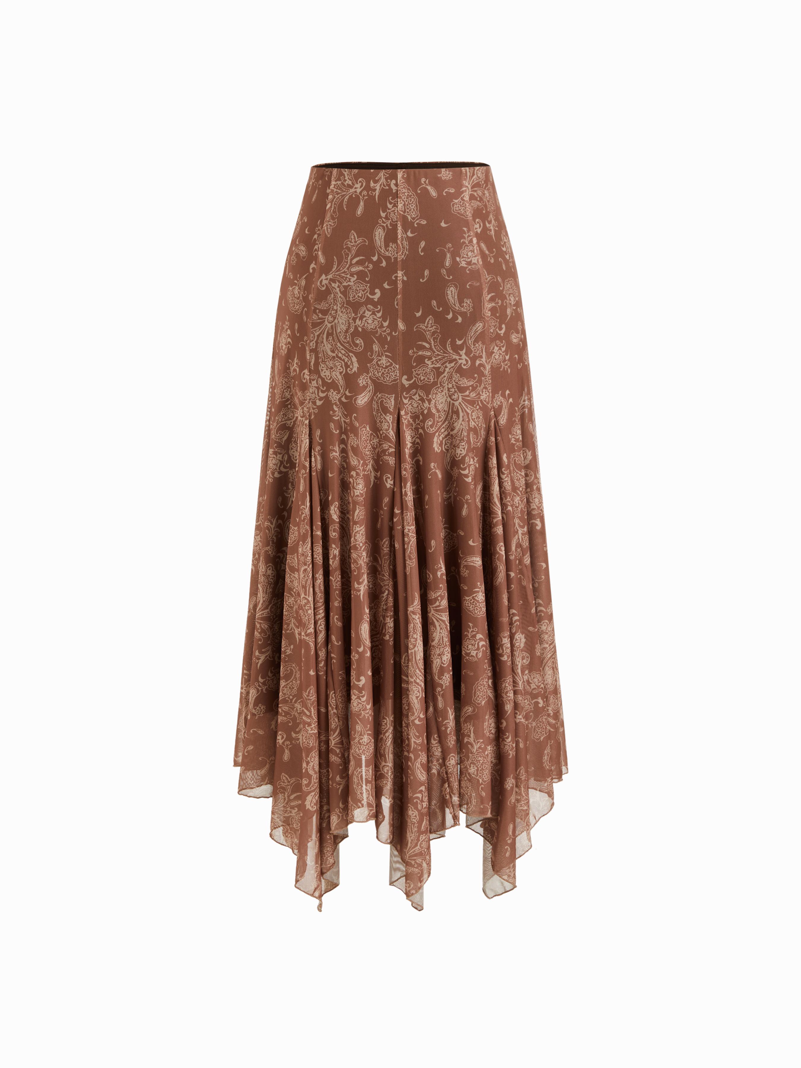 Mesh Mid Rise Aztec Asymmetrical Ruffle Hem Maxi Skirt by CIDER
