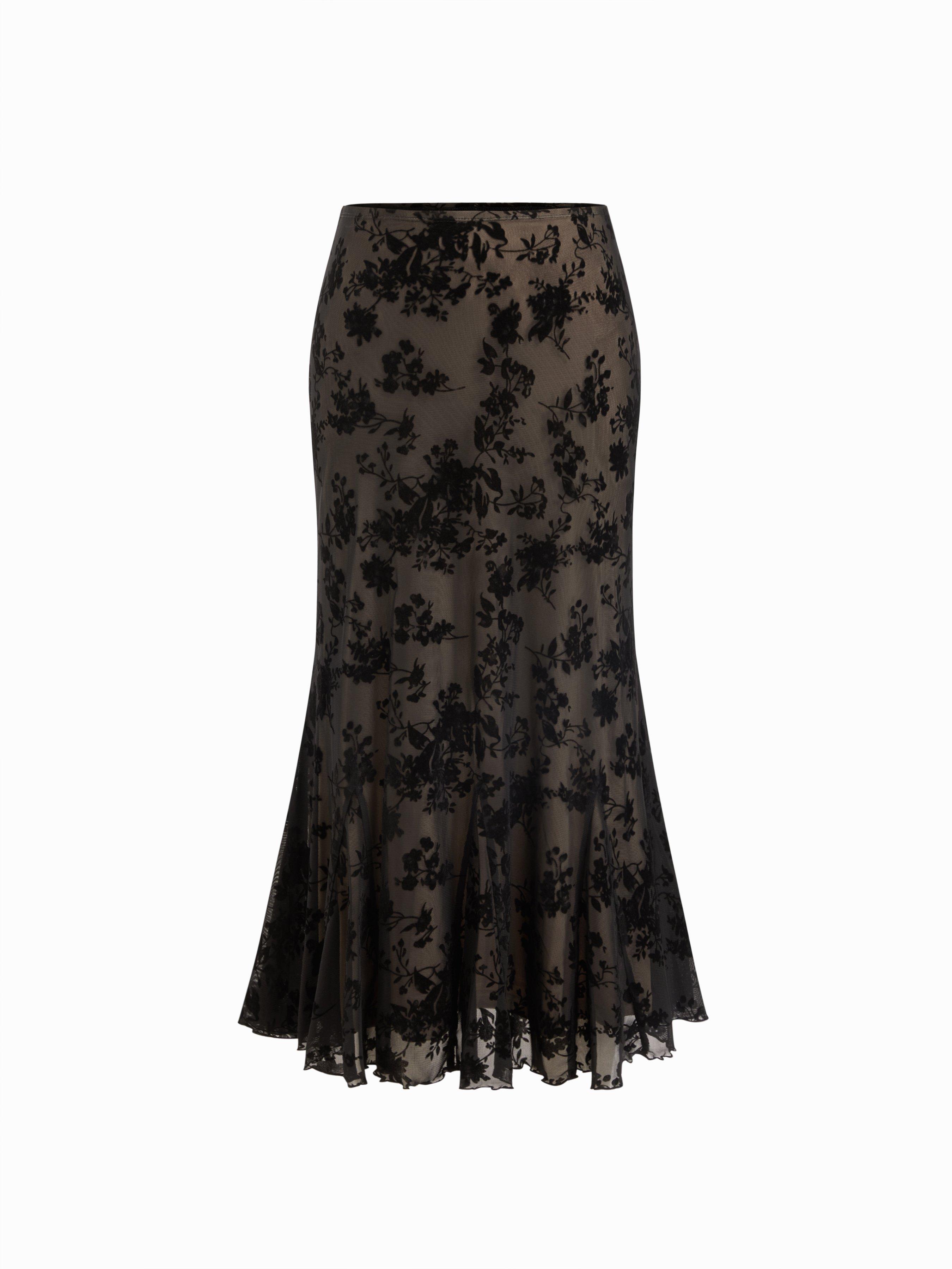 Mesh Mid Rise Floral Mermaid Midi Skirt by CIDER