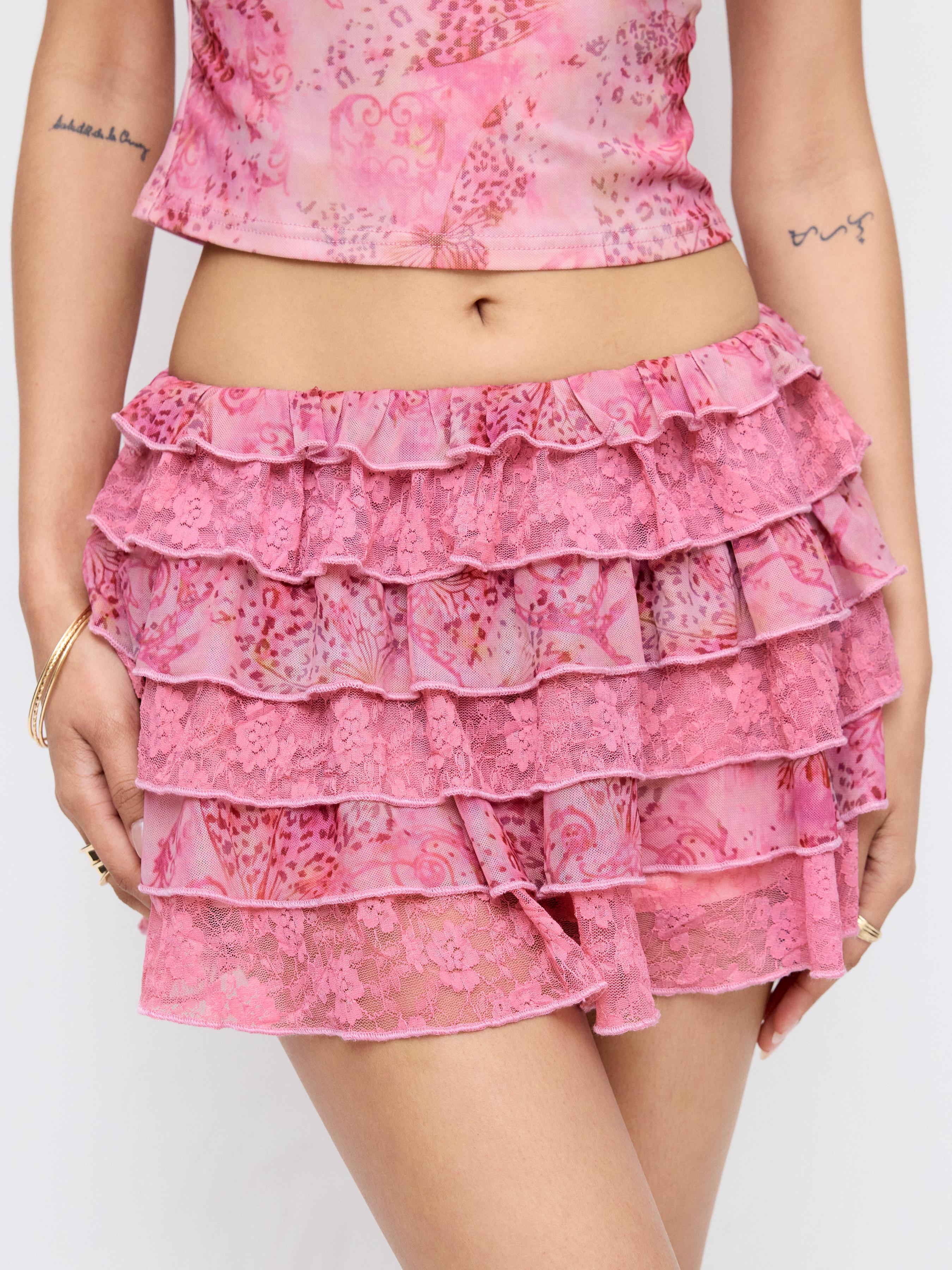 Mesh Mid Rise Floral Ruffled Mini Skirt by CIDER