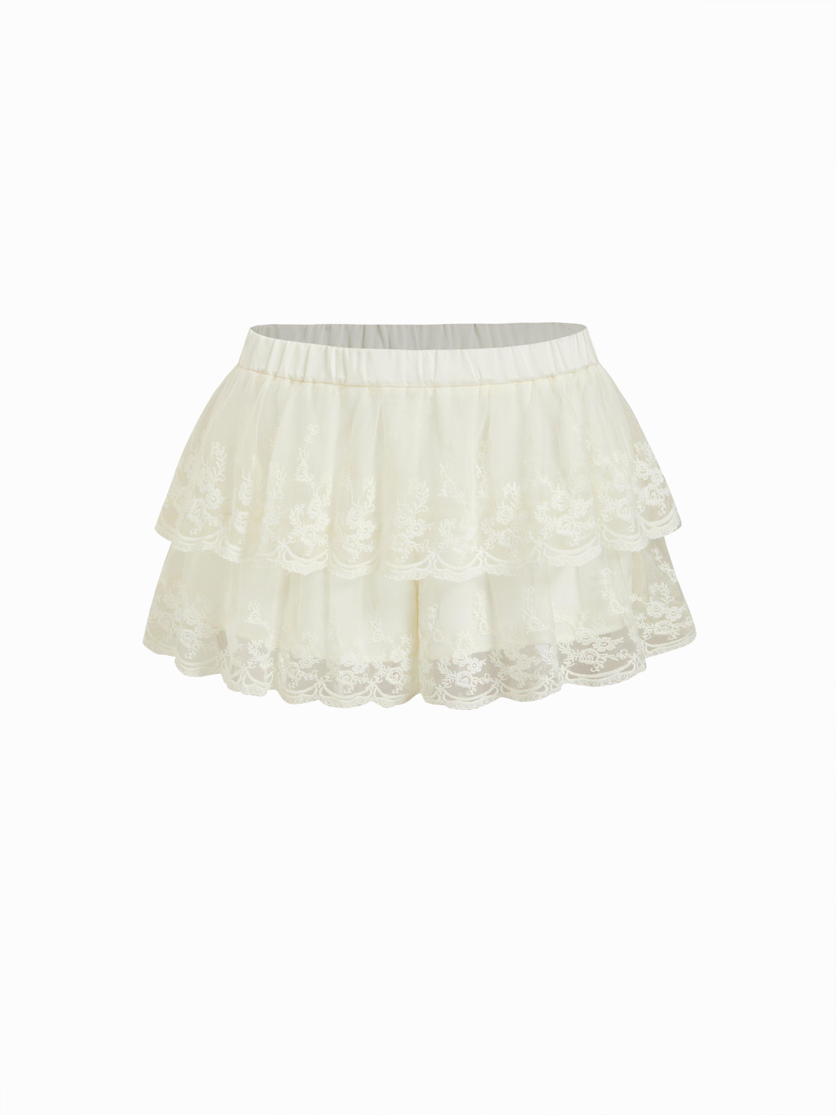 Mesh Mid Rise Lace Tiered Mini Skirt by CIDER