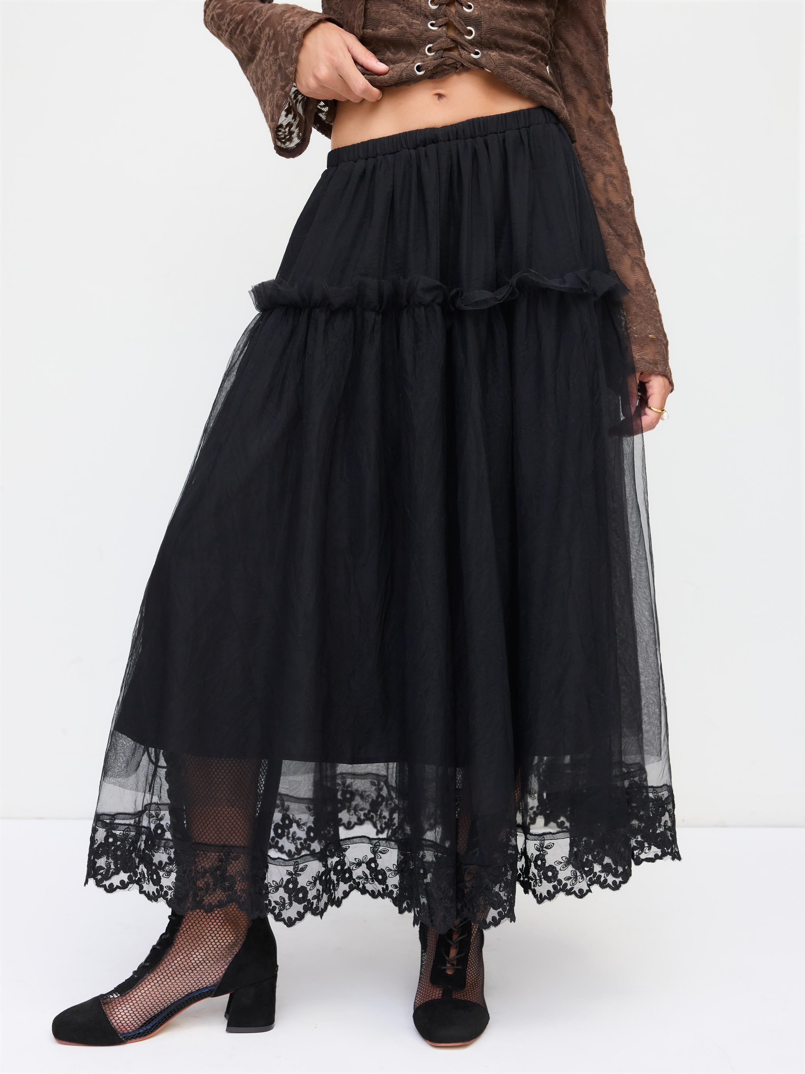 Mesh Mid Rise Lace Trim Ruched Tulle Midi Skirt by CIDER