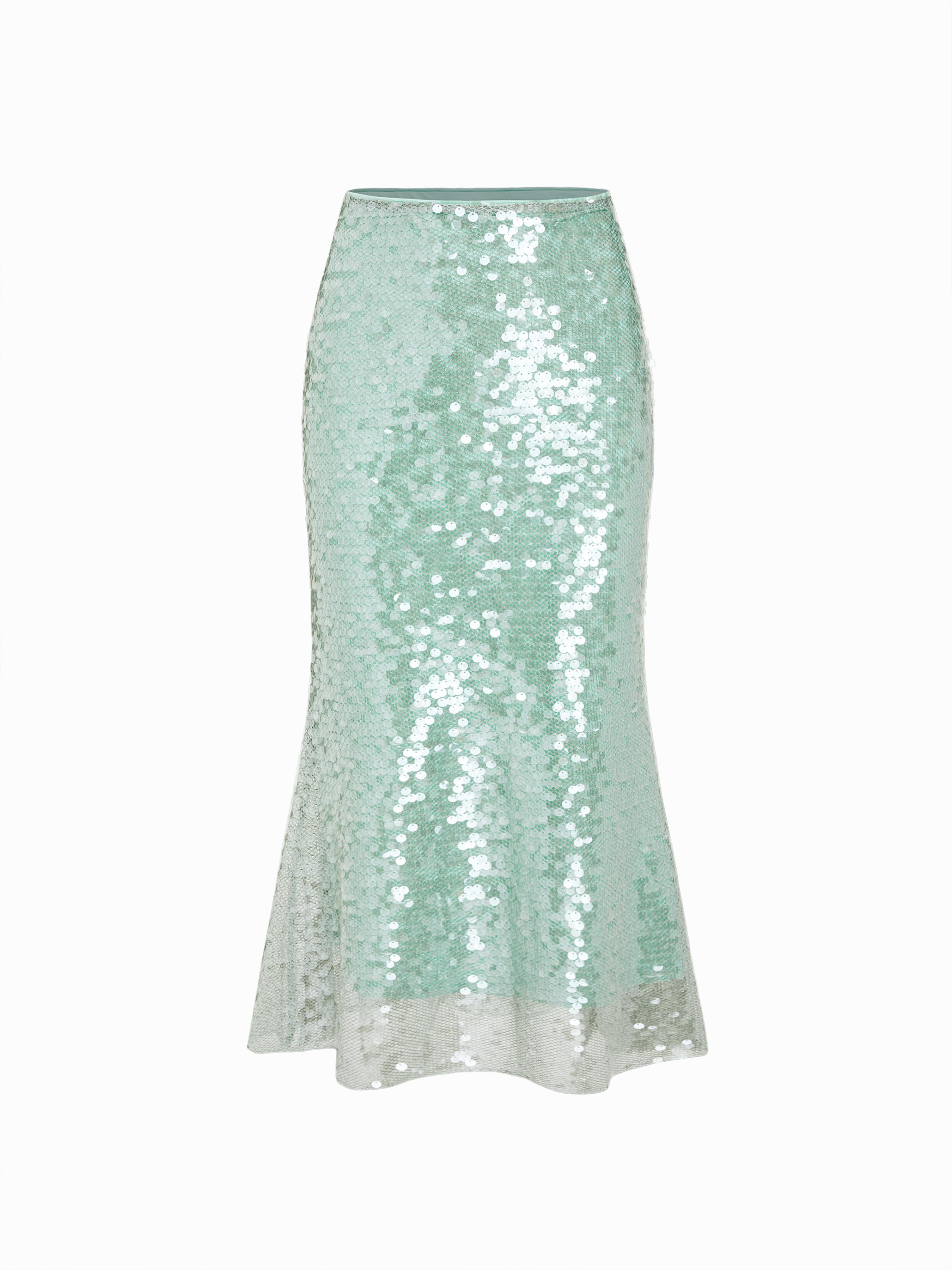 Mesh Mid Rise Sequin Mermaid Maxi Skirt by CIDER
