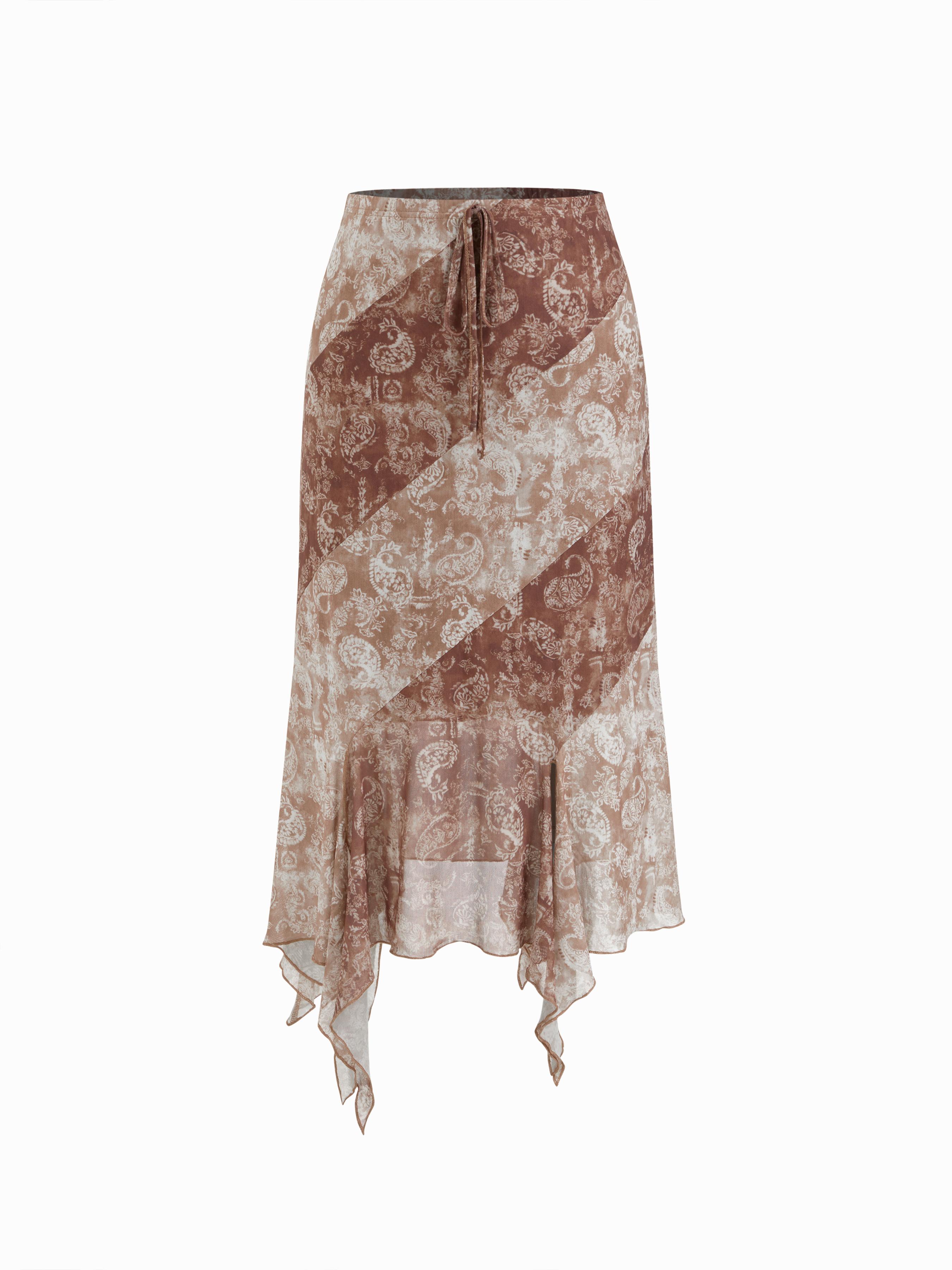 Mesh Mid Rise Two Tone Paisley Asymmetrical Ruffle Hem Midi Skirt by CIDER