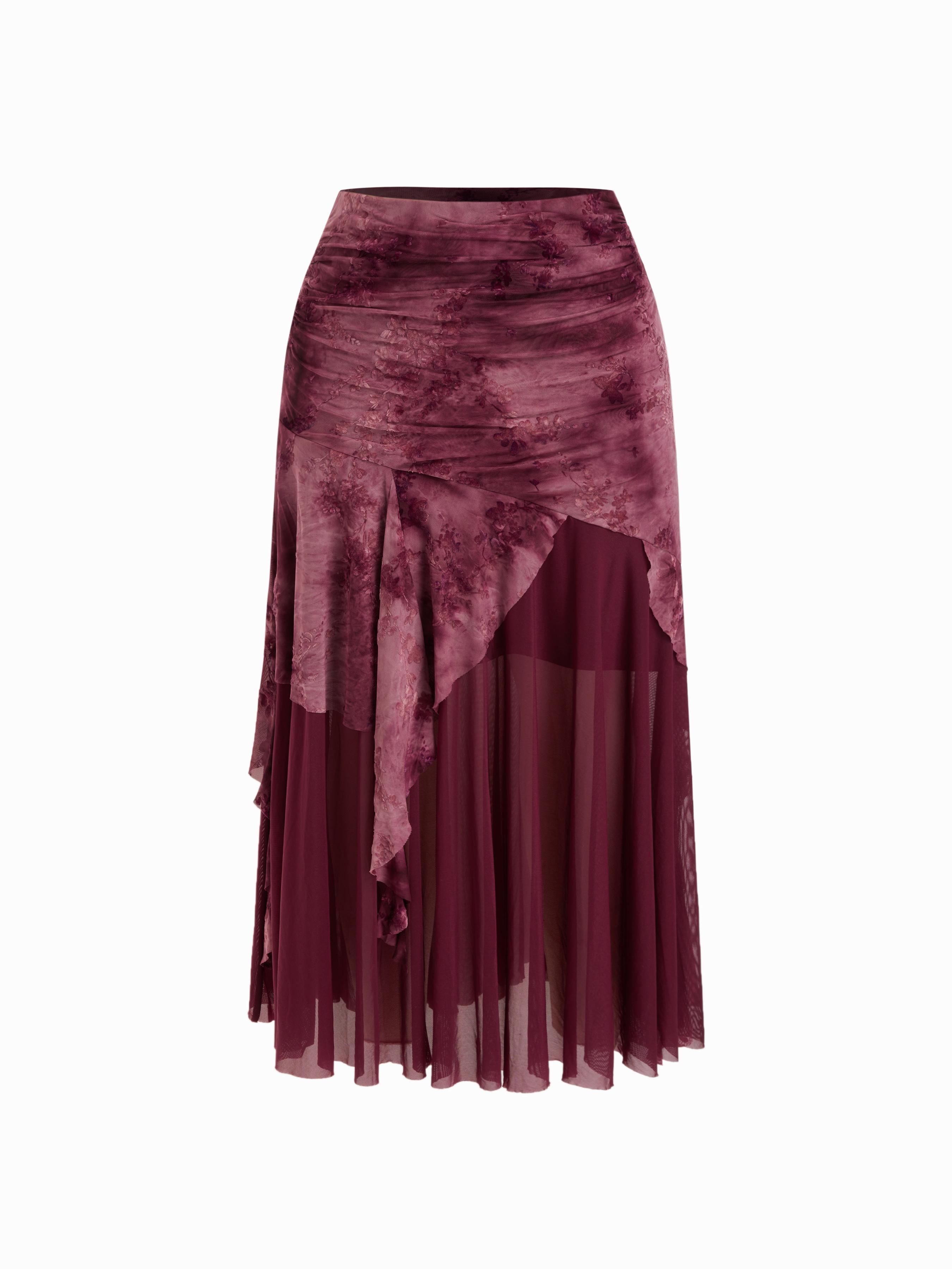 Mesh Mittelhöhe Blumenmuster Tie-Dye Asymmetrischer Saum Tüll Maxi-Skirt Kurve & Plus by CIDER