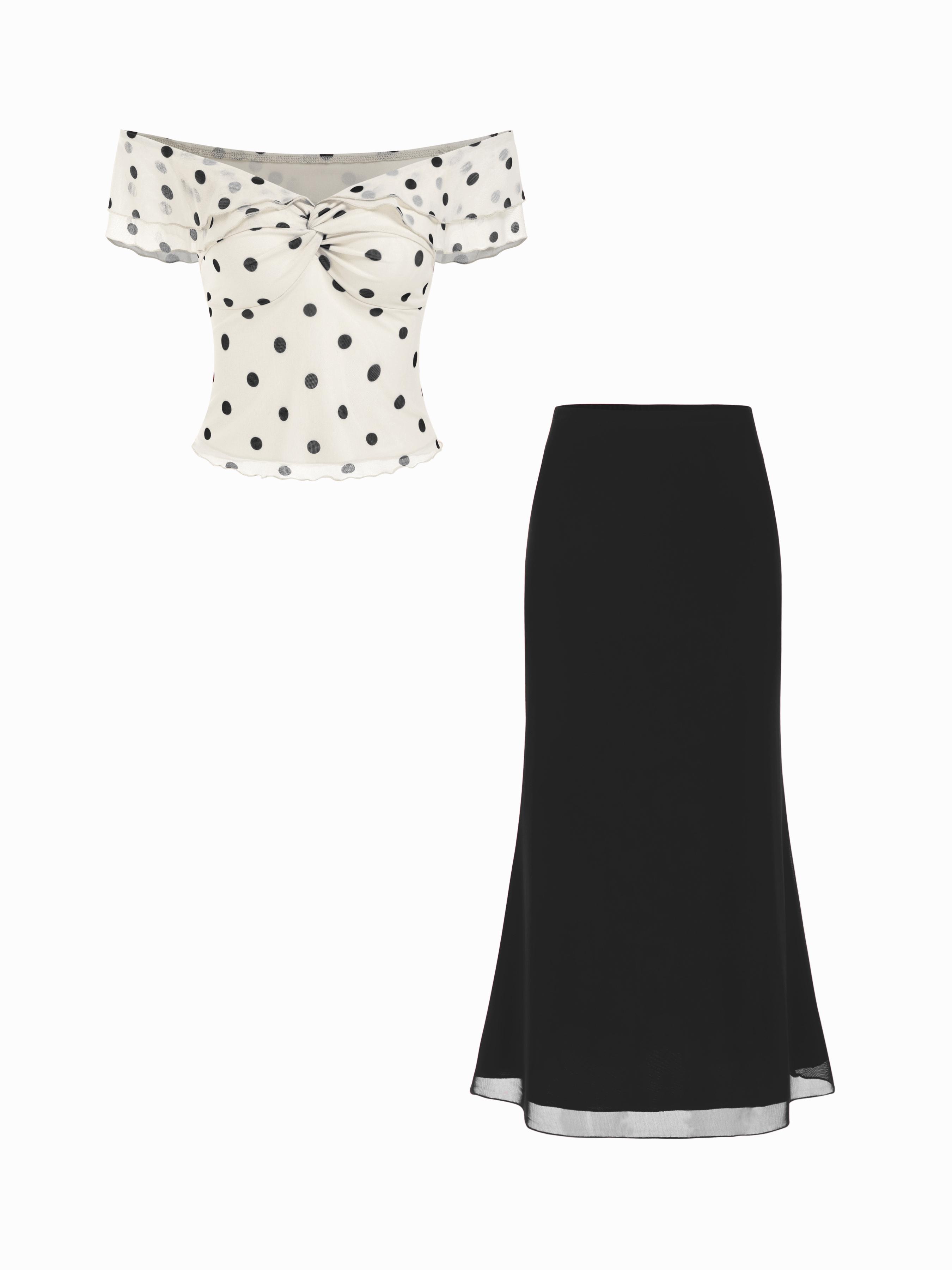 Mesh Off-Shoulder Polka Dot Ruffled Top & Mermaid Maxi Skirt Set by CIDER
