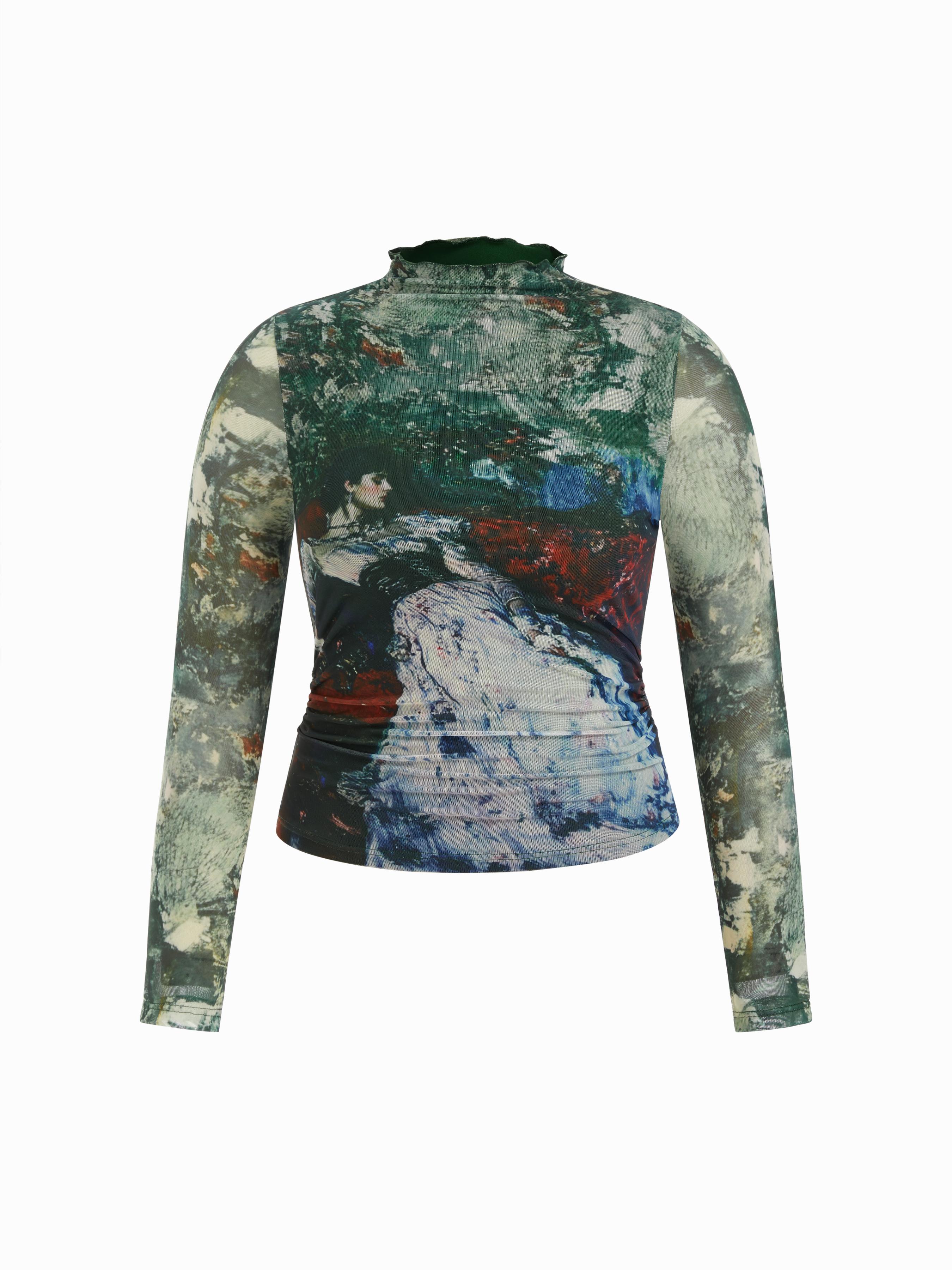 Mesh Oil Painting High Neck Lettuce Trim Bodysuit Curve & Plus by CIDER