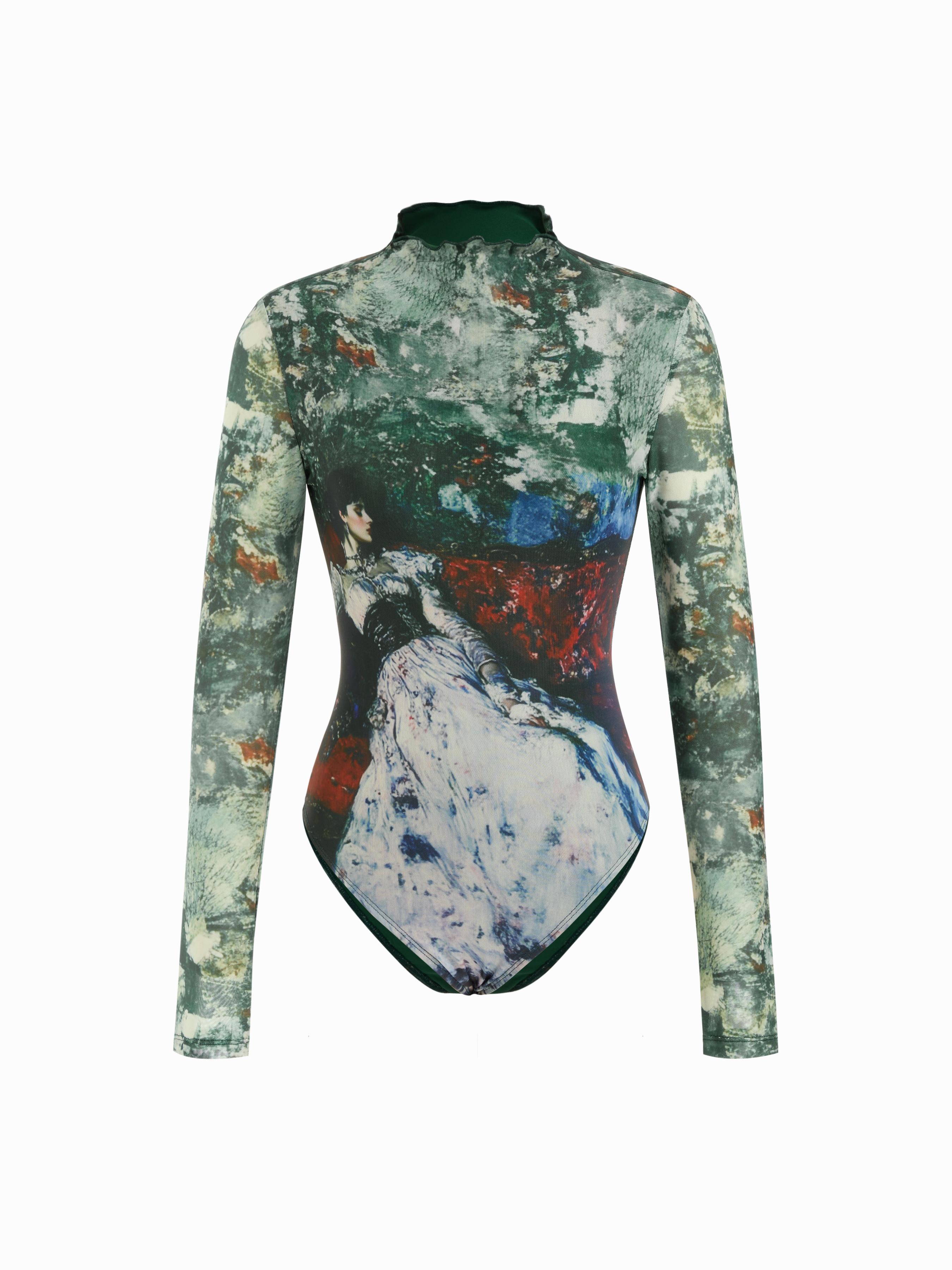Mesh Oil Painting High Neck Long Sleeve Lettuce Trim Bodysuit by CIDER