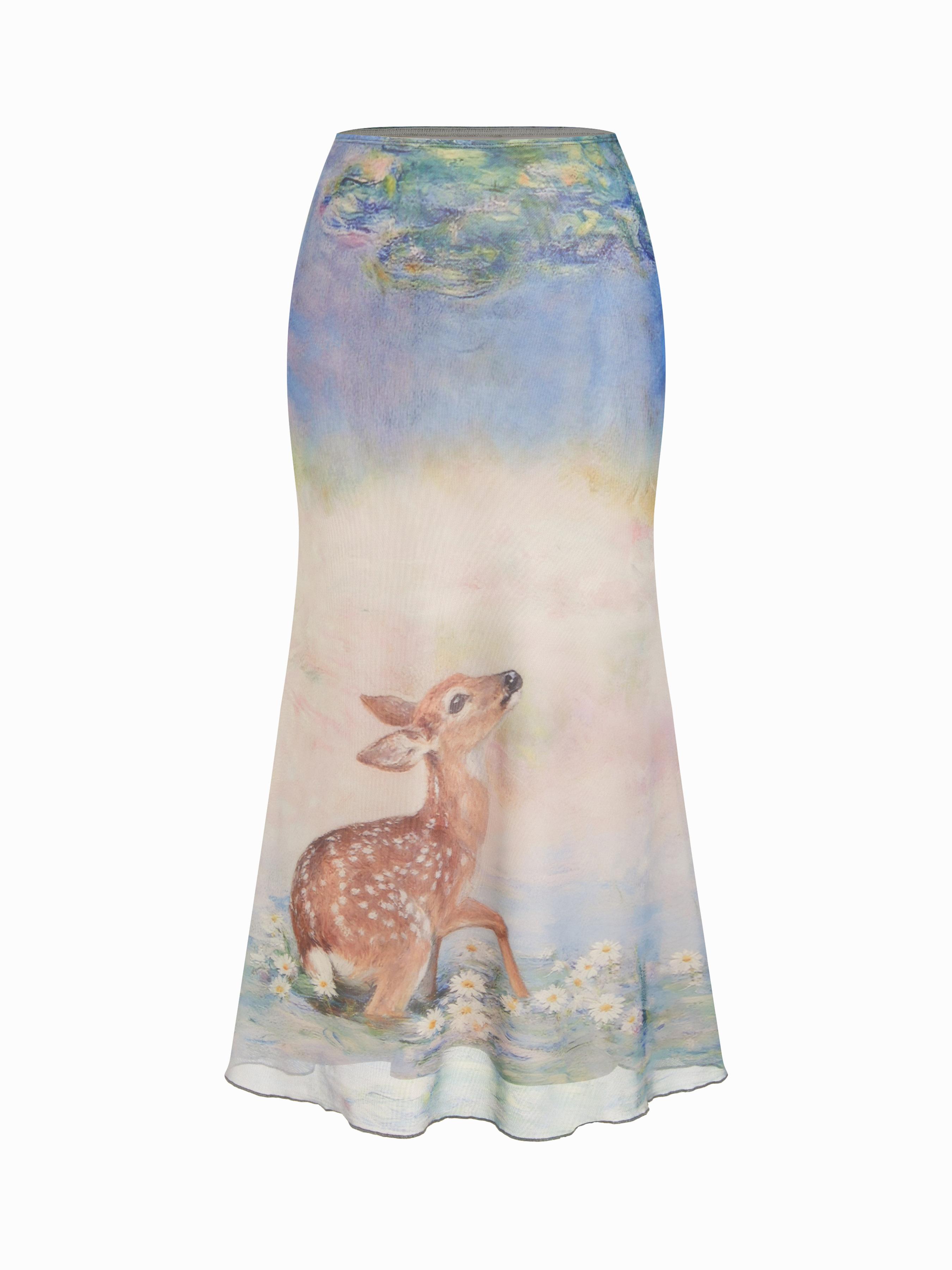 Mesh Oil Painting Mid Rise Lettuce Trim Mermaid Maxi Skirt by CIDER