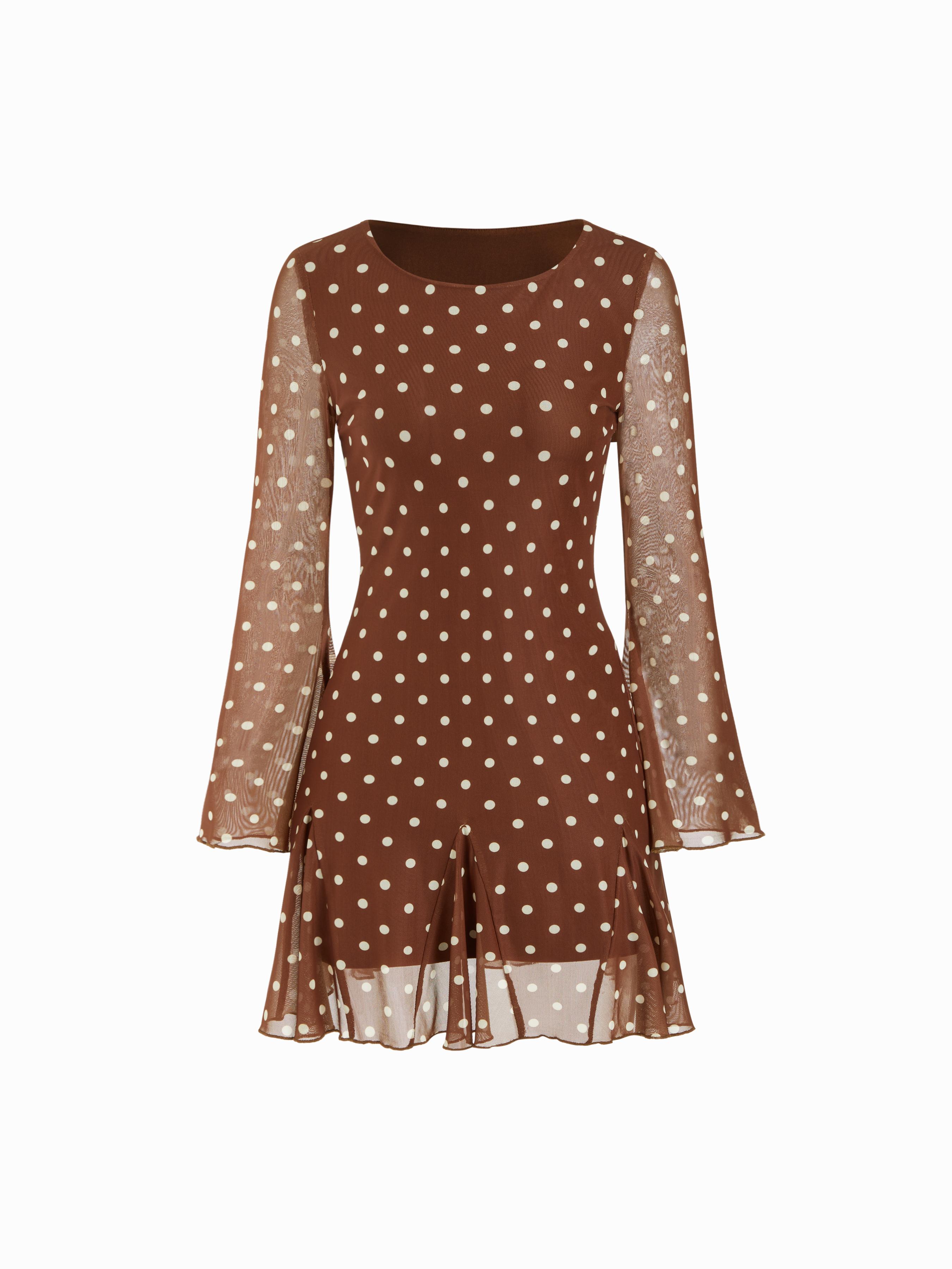 Mesh Polka Dot Bell Sleeve A-Line Mini Dress by CIDER