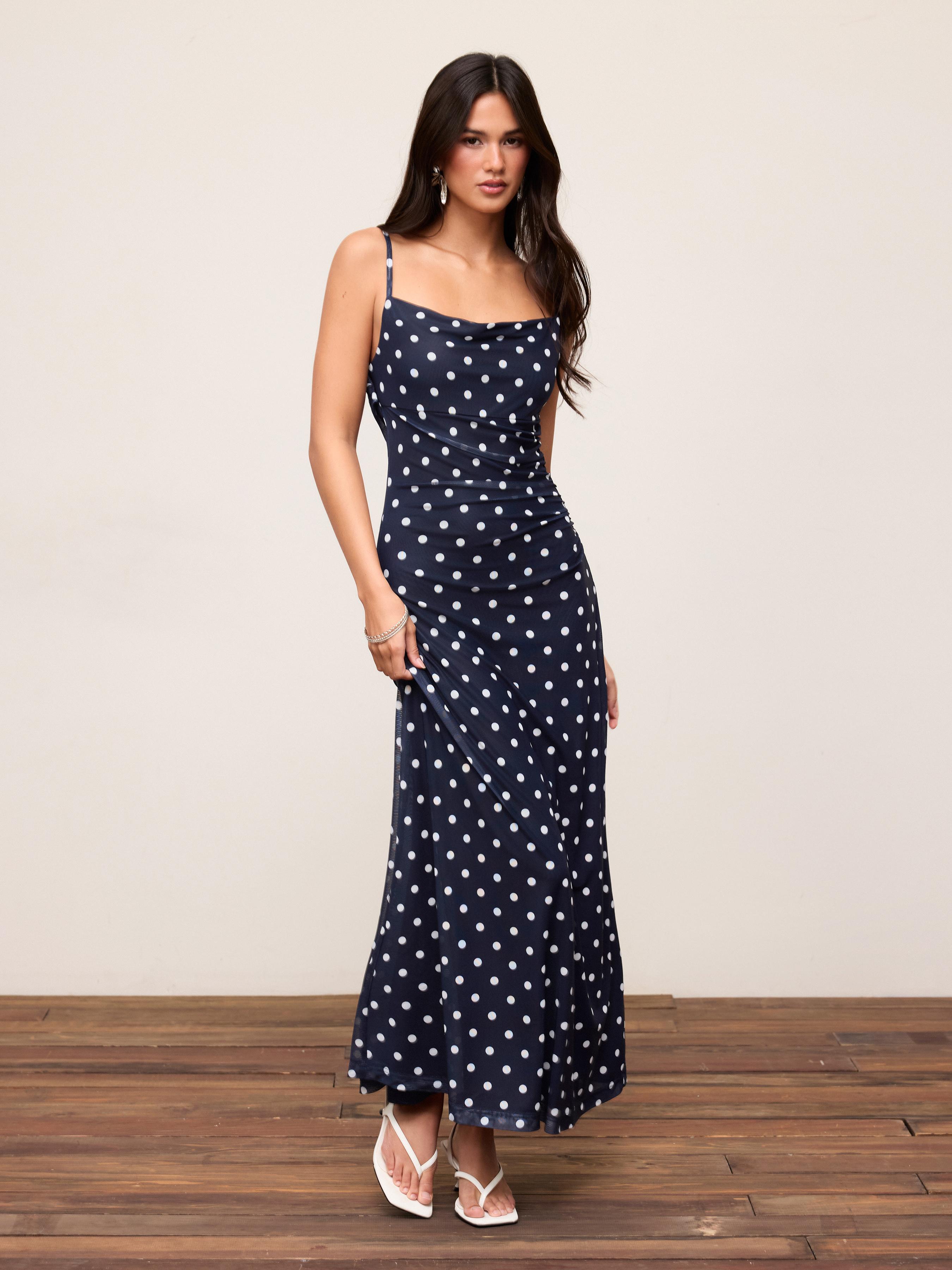 Mesh Polka Dot Lace Panel High Rise Mermaid Maxi Dress by CIDER