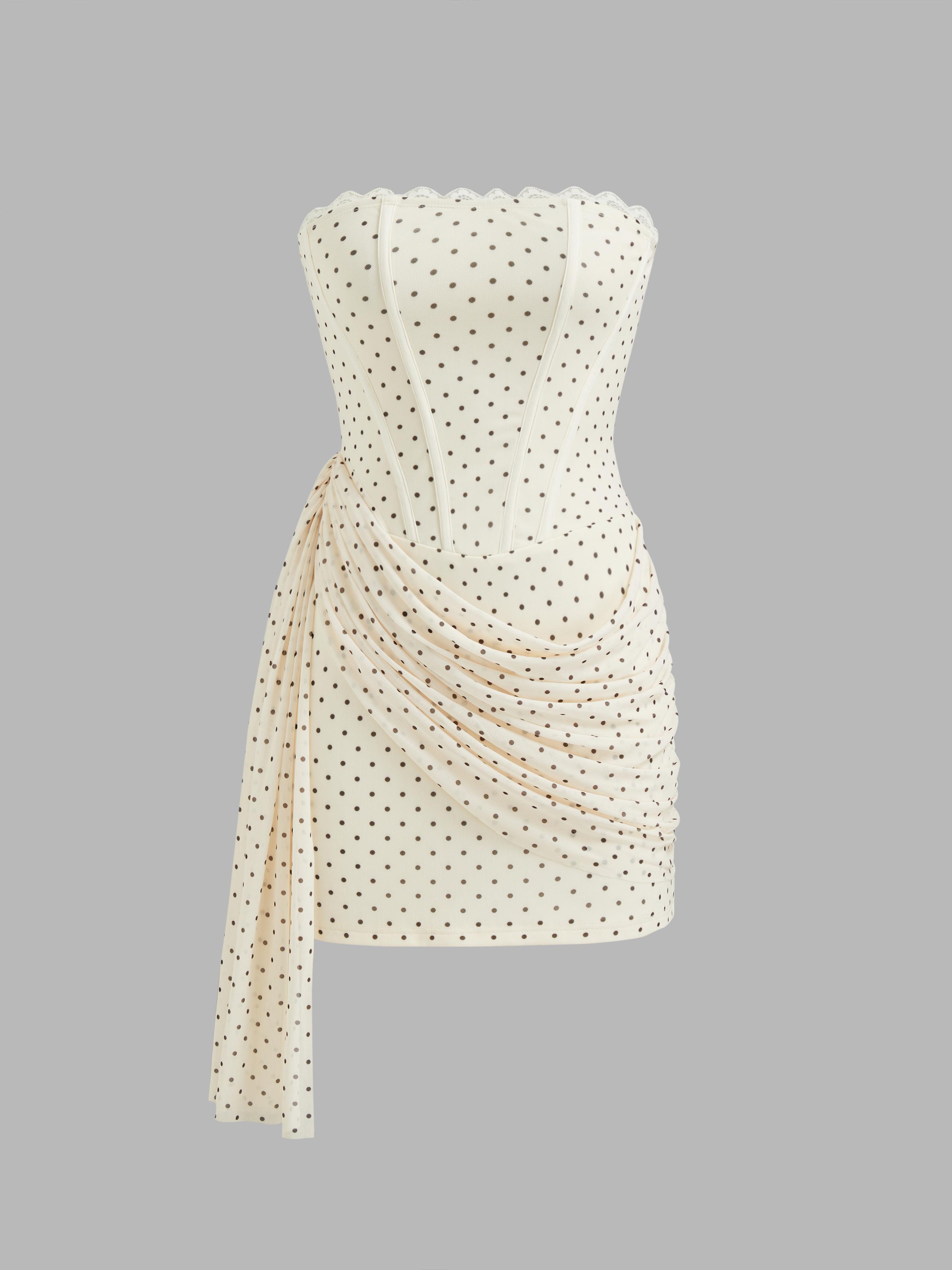 Mesh Polka Dot Lace Trim Draped Bandeau Mini Dress by CIDER Mesh Polka Dot Lace Trim Draped Bandeau Mini Dress by CIDER