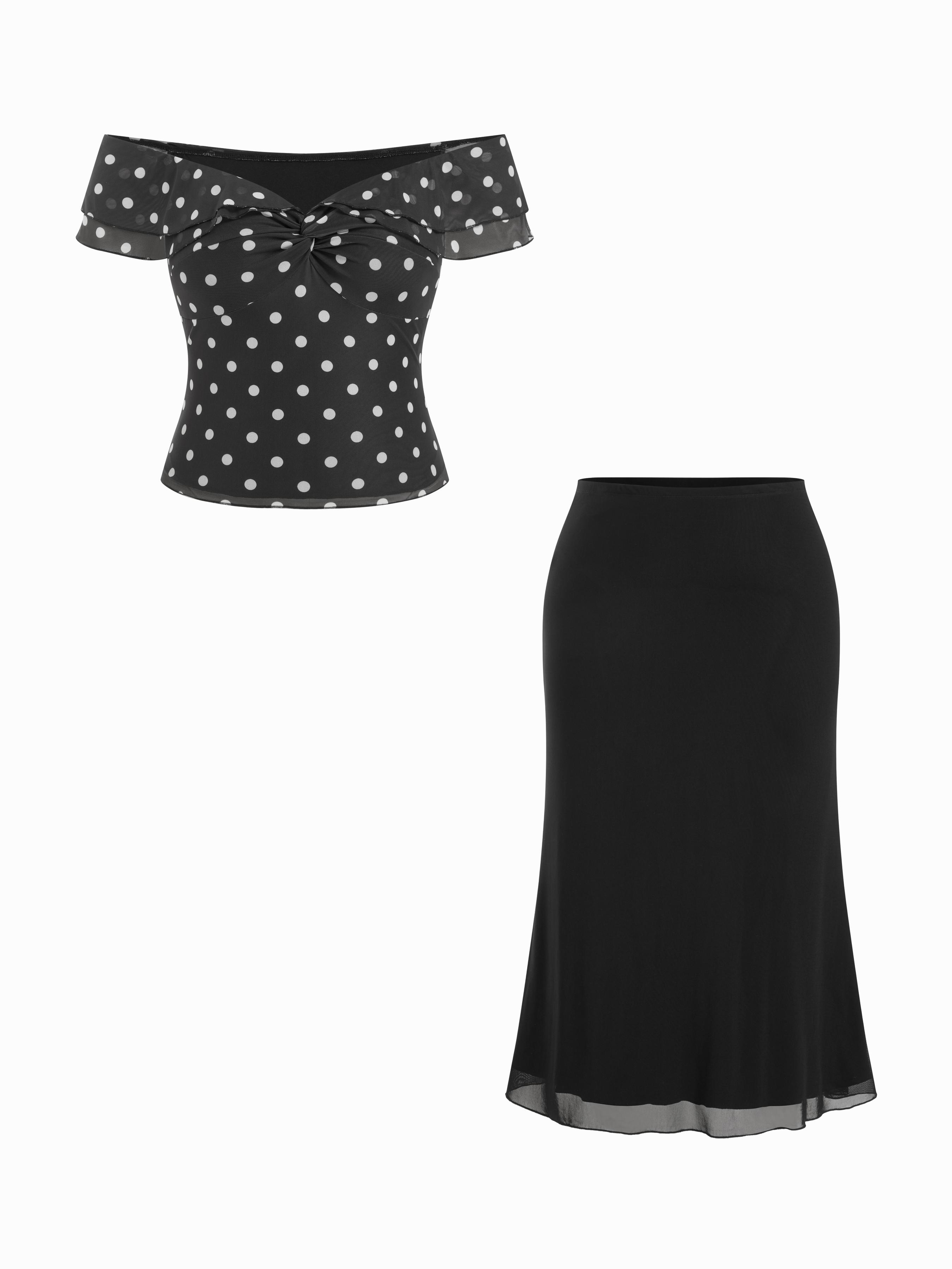 Mesh Polka Dot Off-shoulder Ruffled Top & Mid Rise Mermaid Maxi Skirt Set Curve & Plus by CIDER