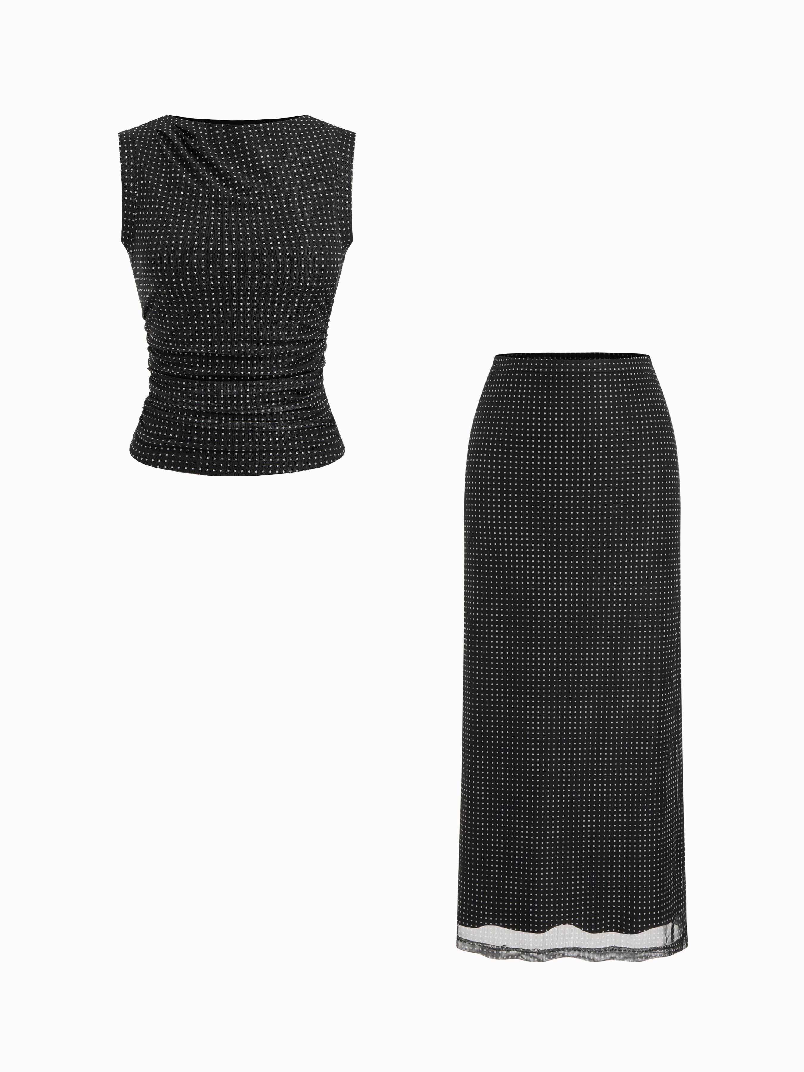 Mesh Polka Dot Ruched Top & Mid Rise Mermaid Maxi Skirt Set by CIDER