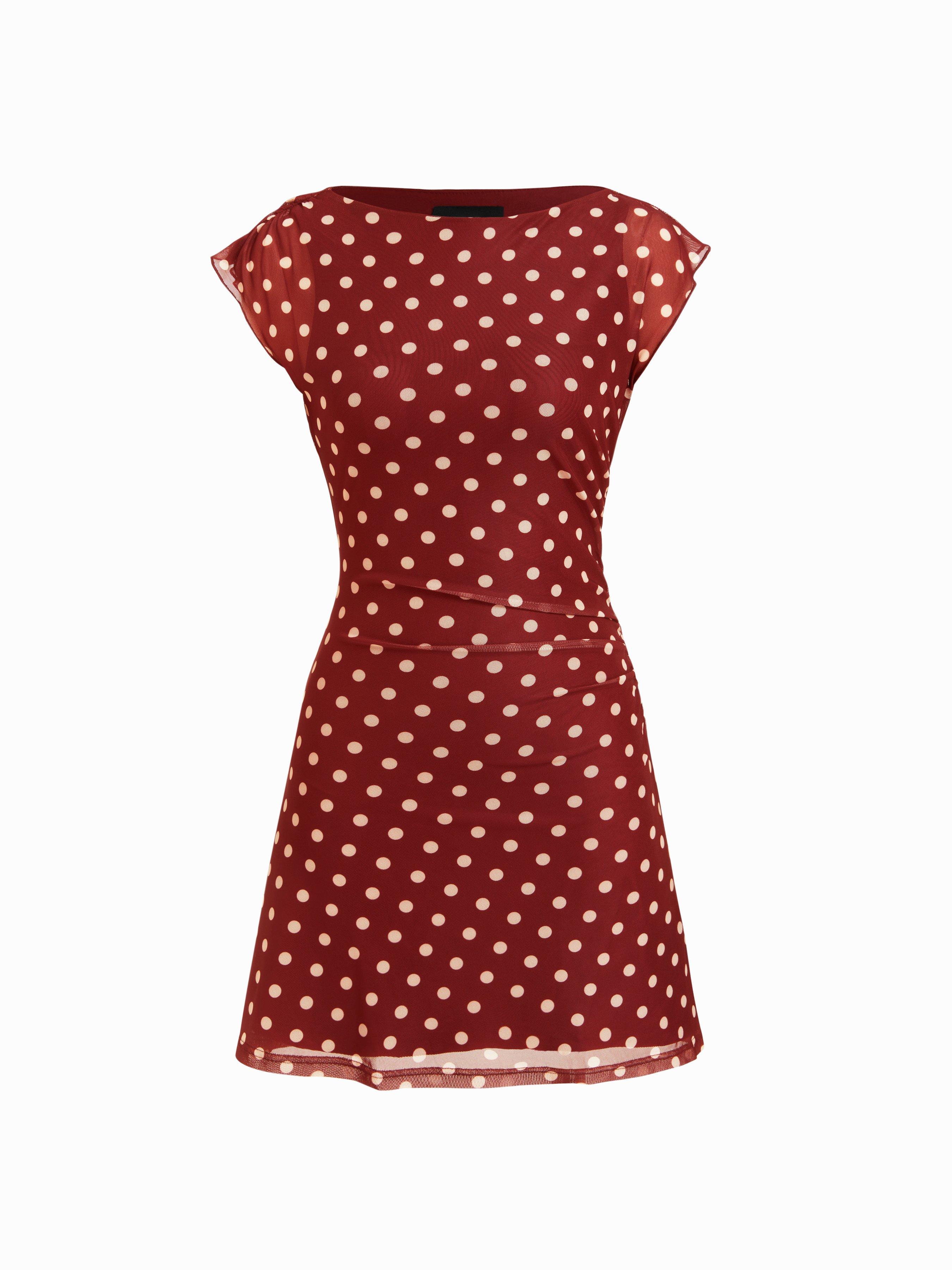 Mesh Polka Dot Short Sleeve Ruched A-line Mini Dress by CIDER