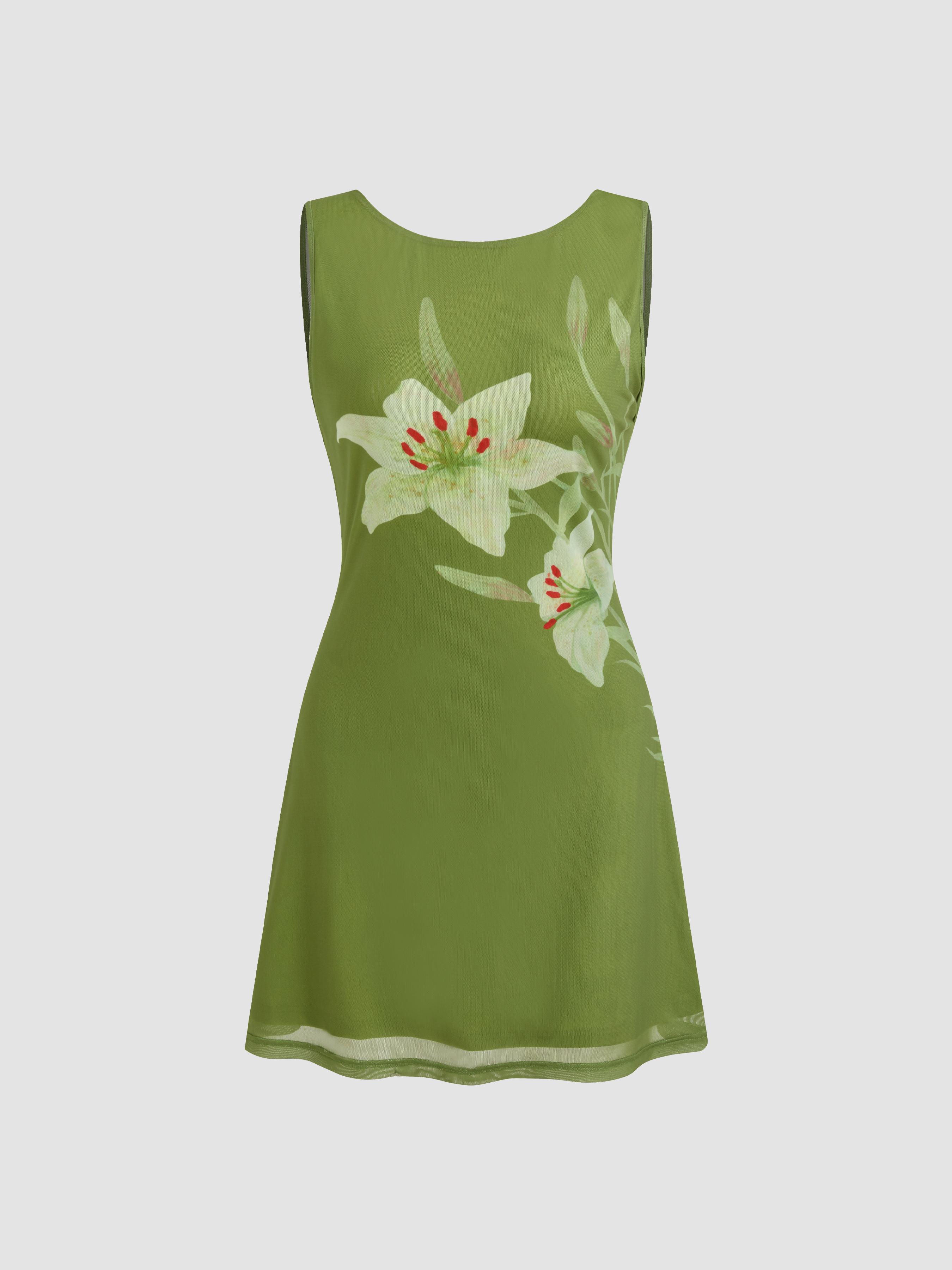 Mesh Round Neckline Floral Graphic Mini Dress by CIDER Mesh Round Neckline Floral Graphic Mini Dress by CIDER