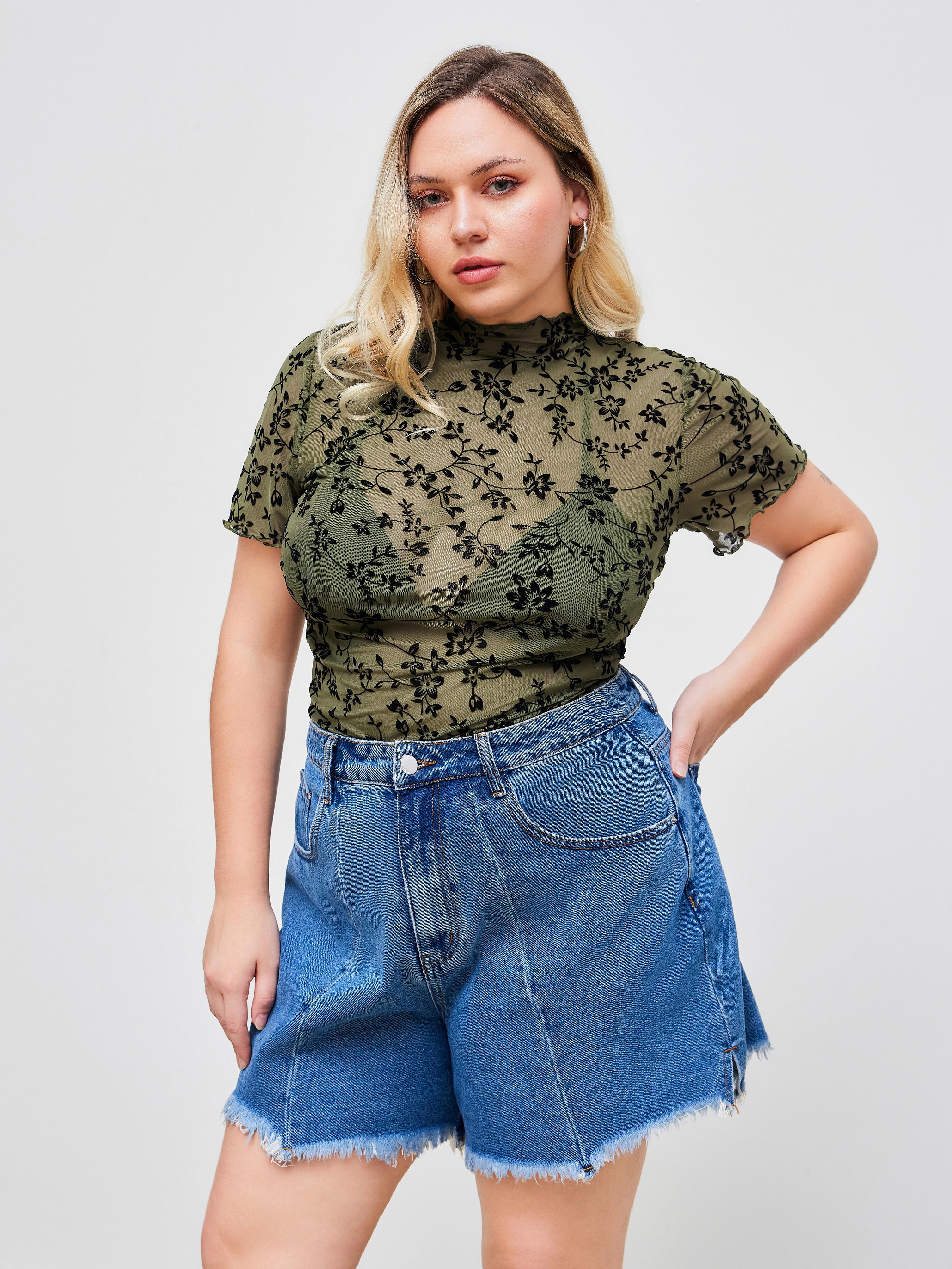 Mesh Round Neckline Floral Lettuce Trim See-through Bodysuit Curve & Plus by CIDER