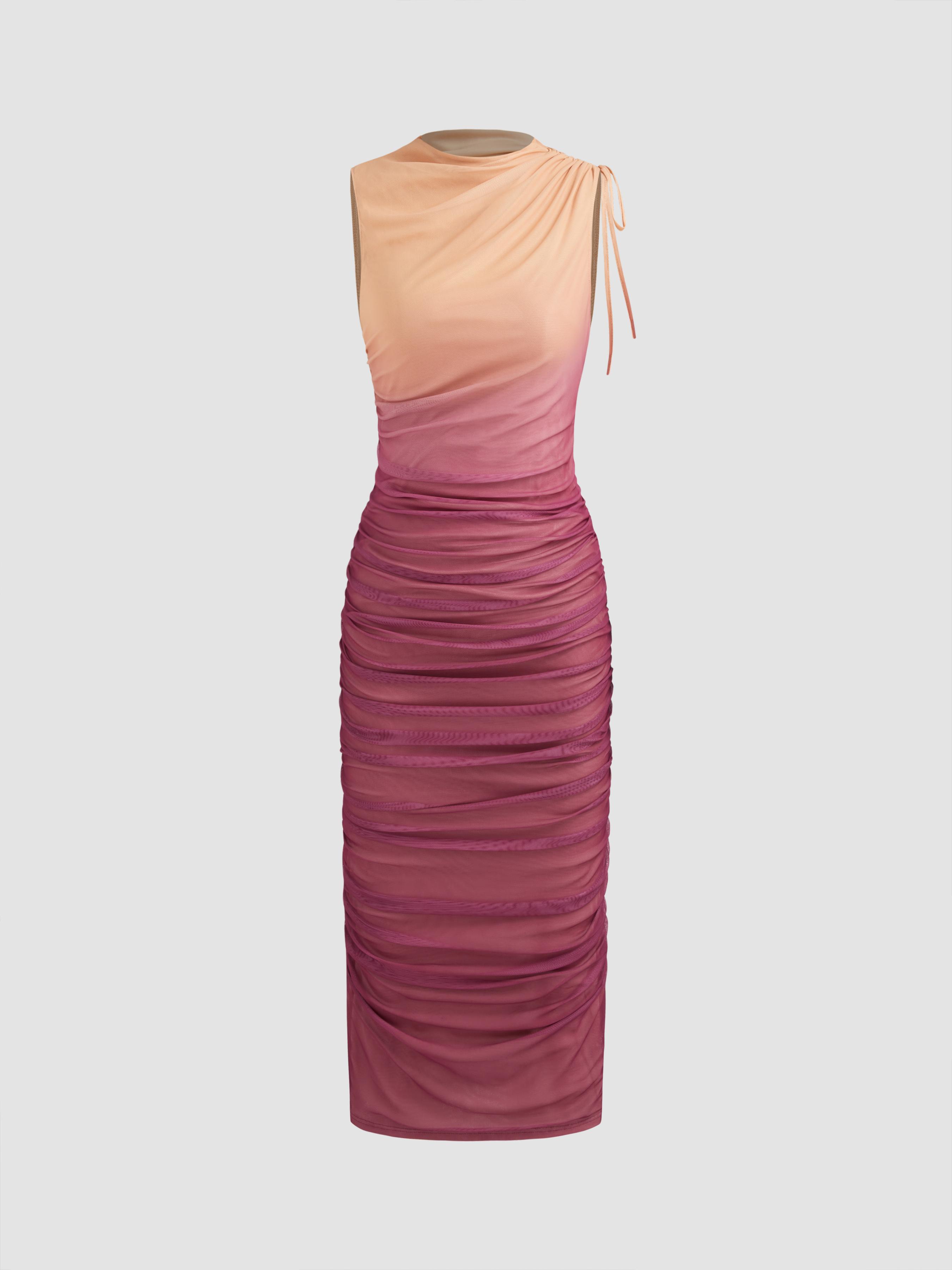 Mesh Round Neckline Gradient Ruched Drawstring Maxi Dress by CIDER