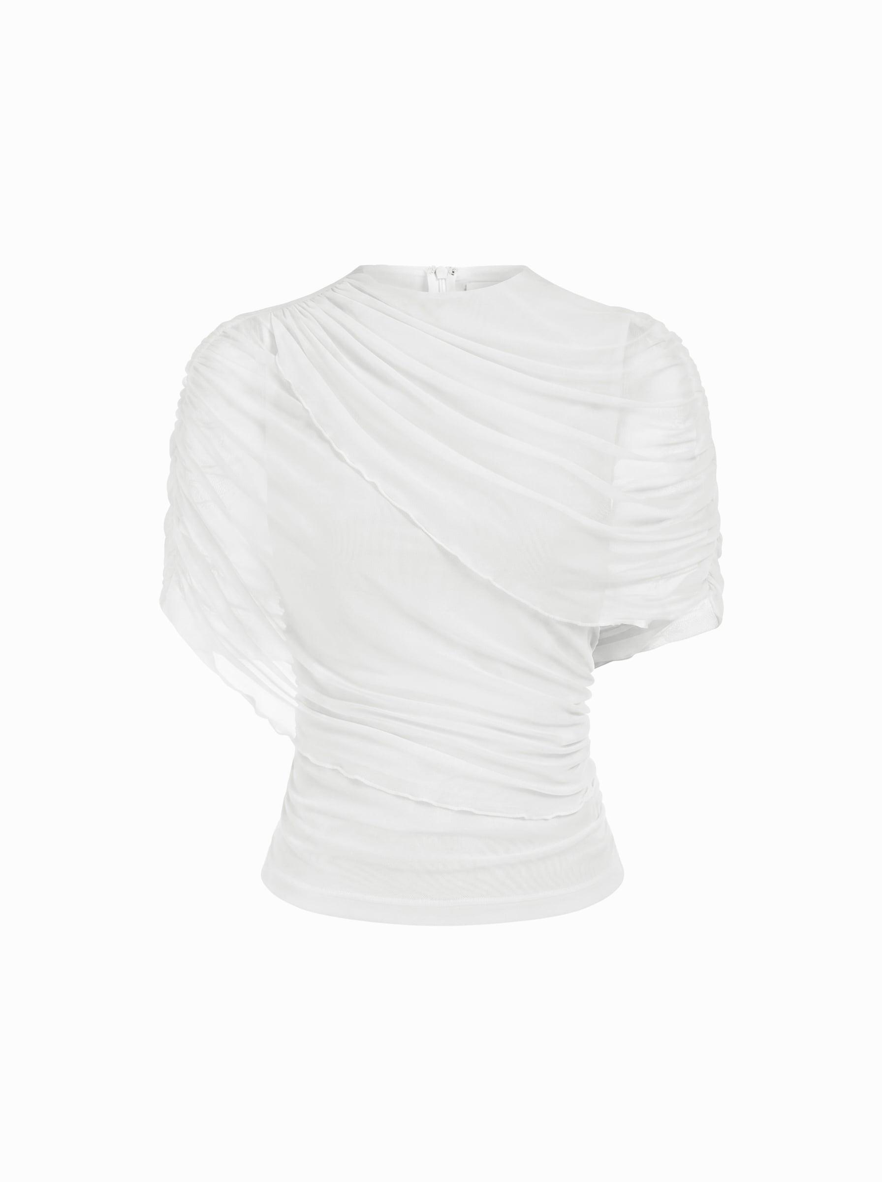 Mesh Round Neckline Ruched Short Sleeve Top by CIDER