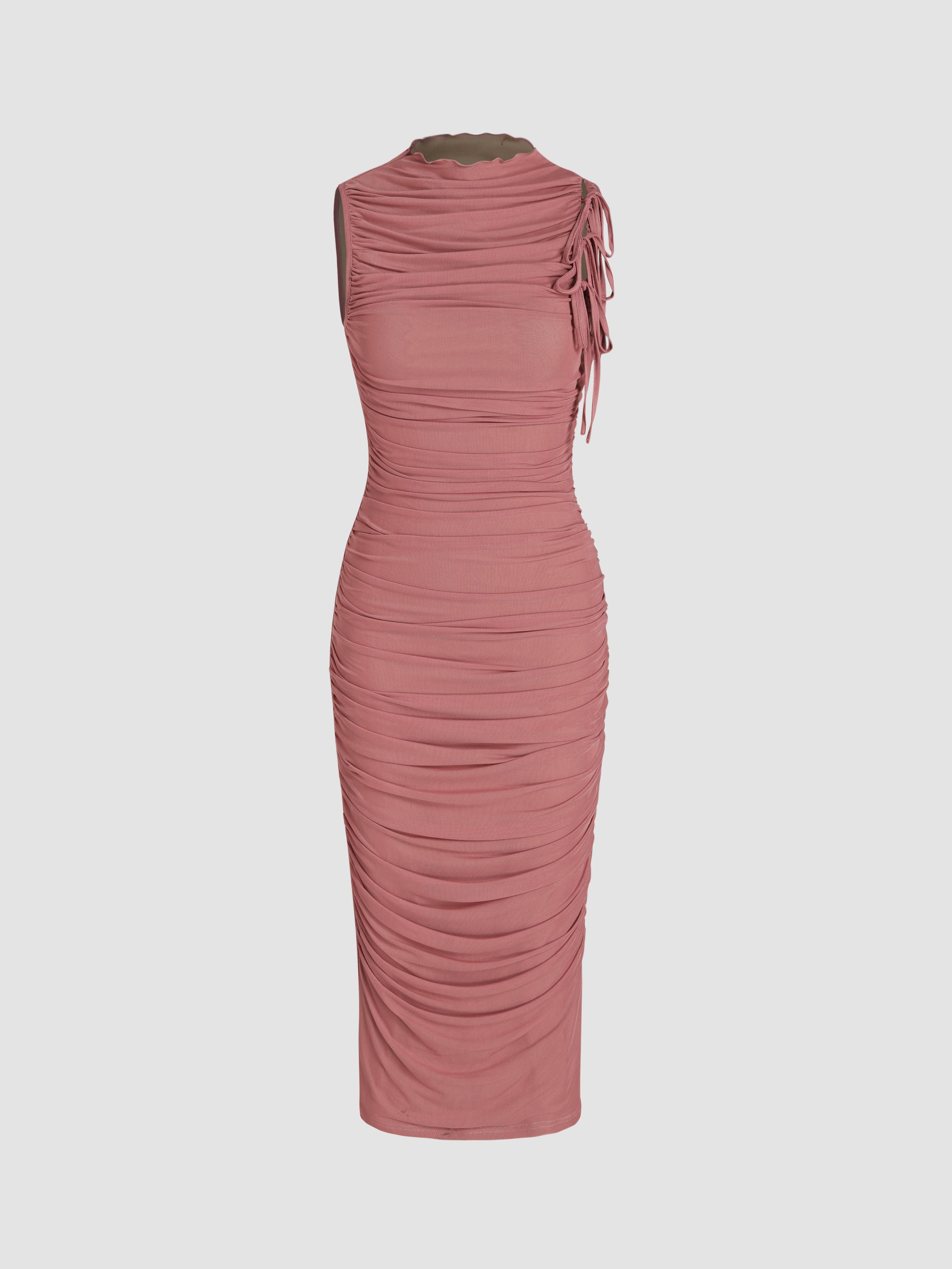 Mesh Ruched High Neck Midi Dress by CIDER