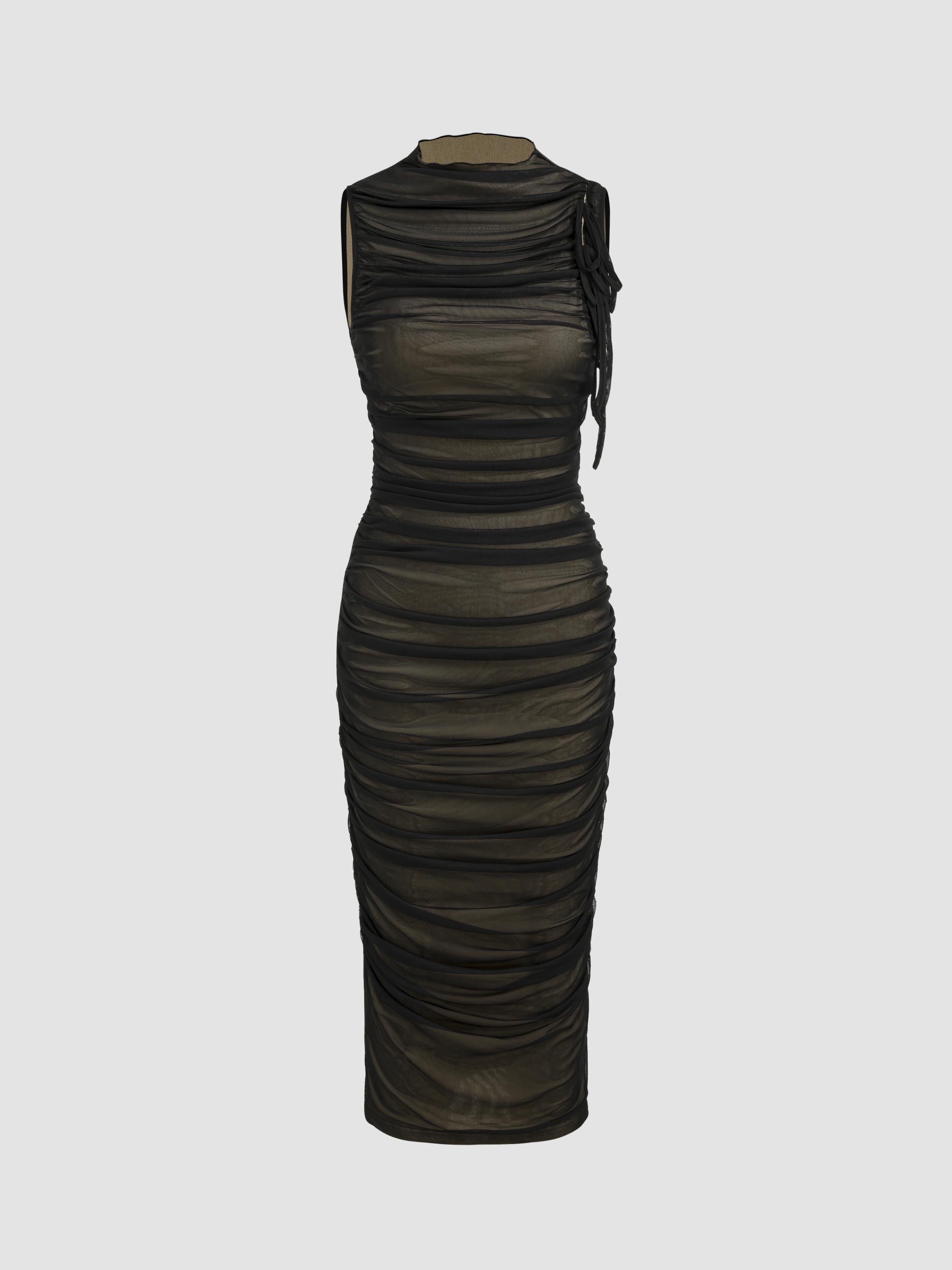 Mesh Ruched High Neck Midi Dress by CIDER