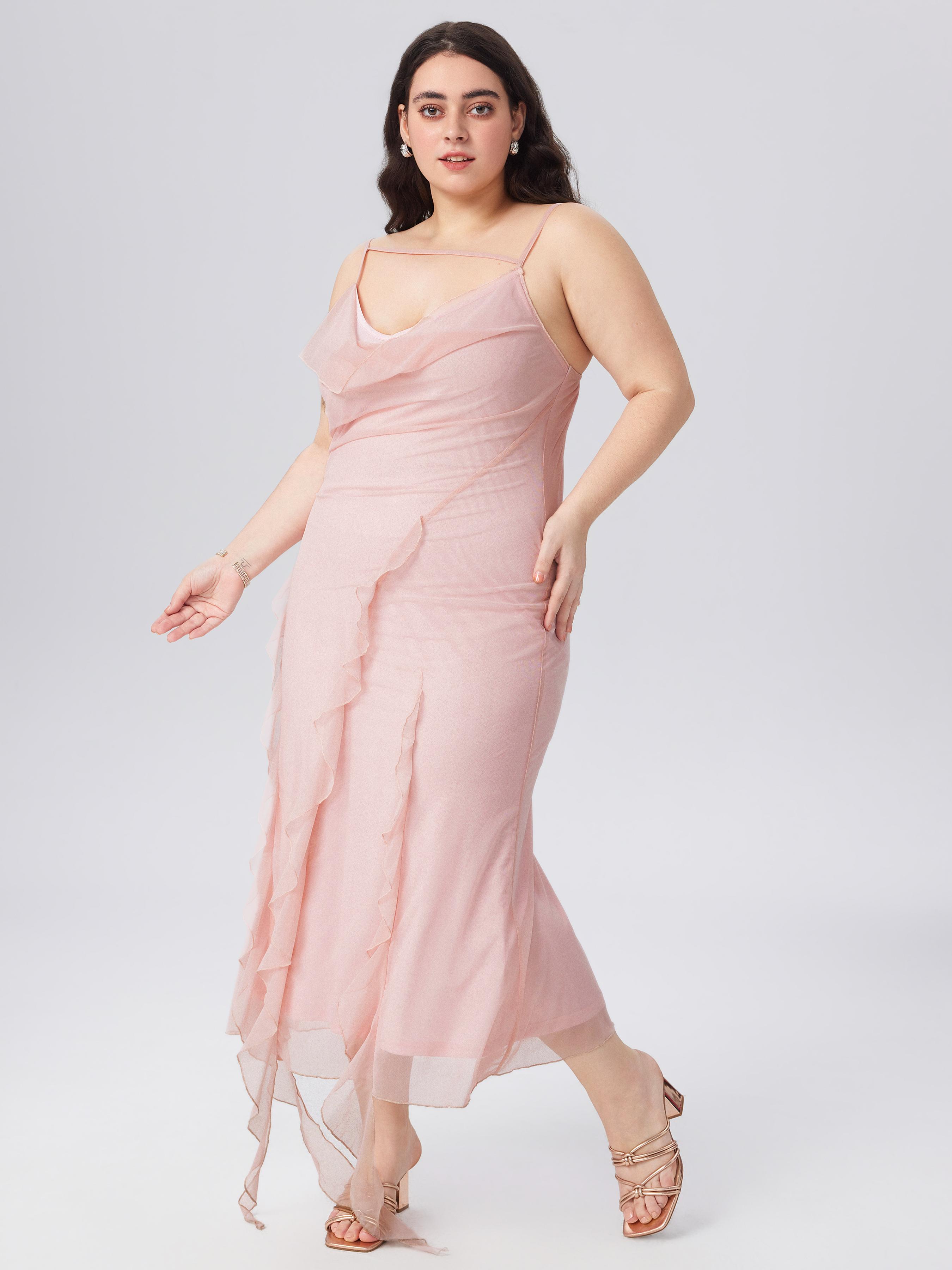 Mesh Ruffle Hem Ruched Midi Dress Curve & Plus by CIDER