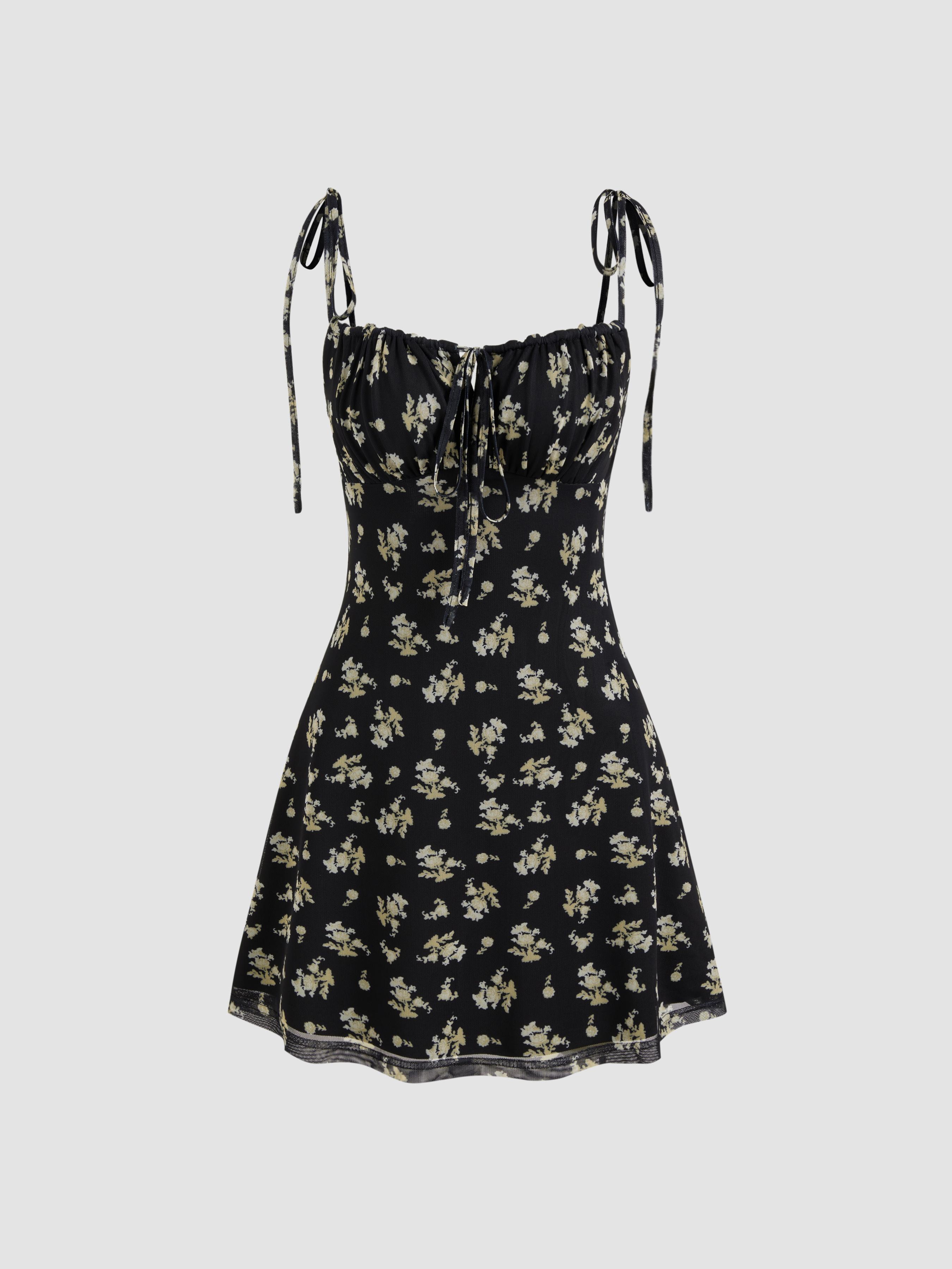 Mesh Scoop Neckline Floral Knotted Mini Dress by CIDER