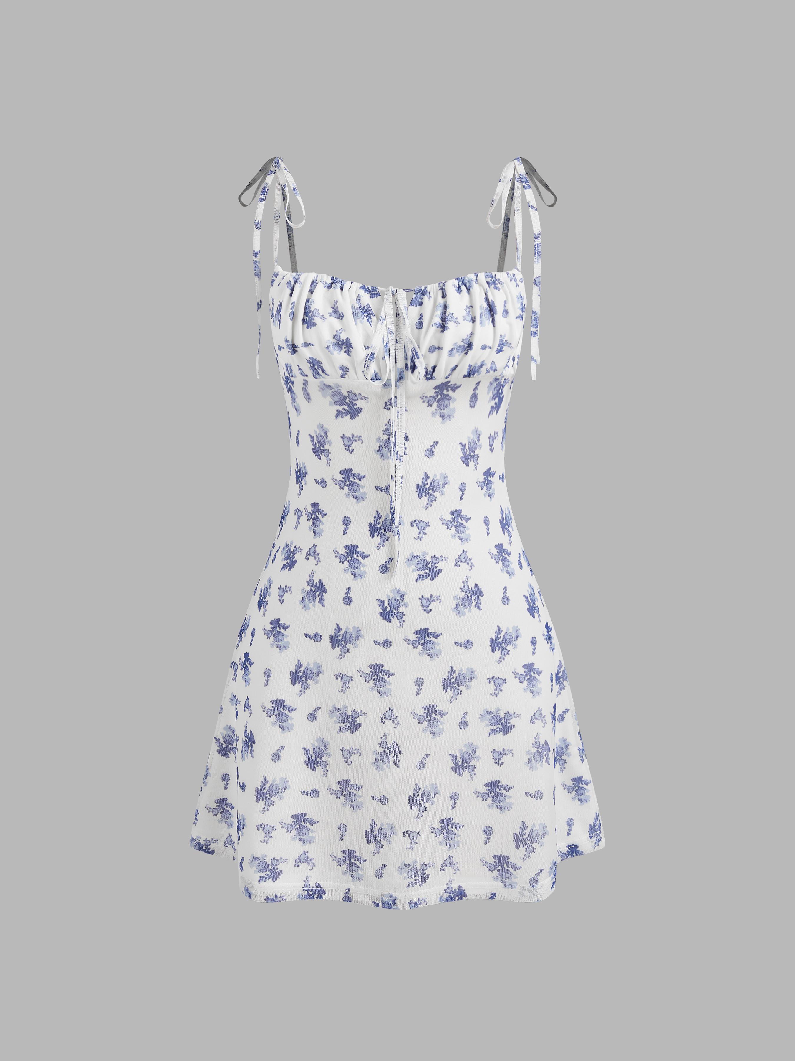 Mesh Scoop Neckline Floral Knotted Mini Dress by CIDER
