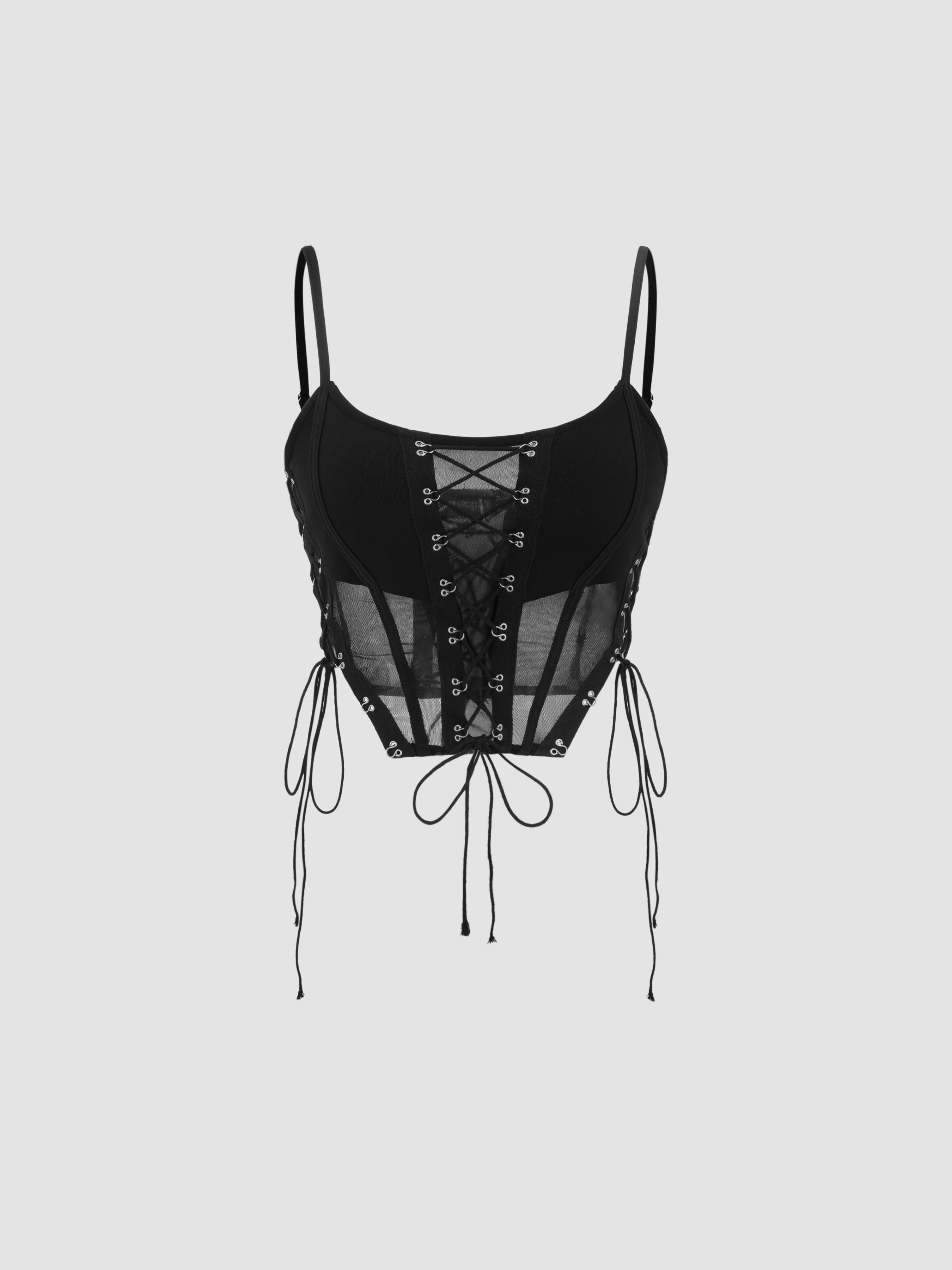 Mesh Scoop Neckline Solid Corset Lace Up Cami Crop Top by CIDER