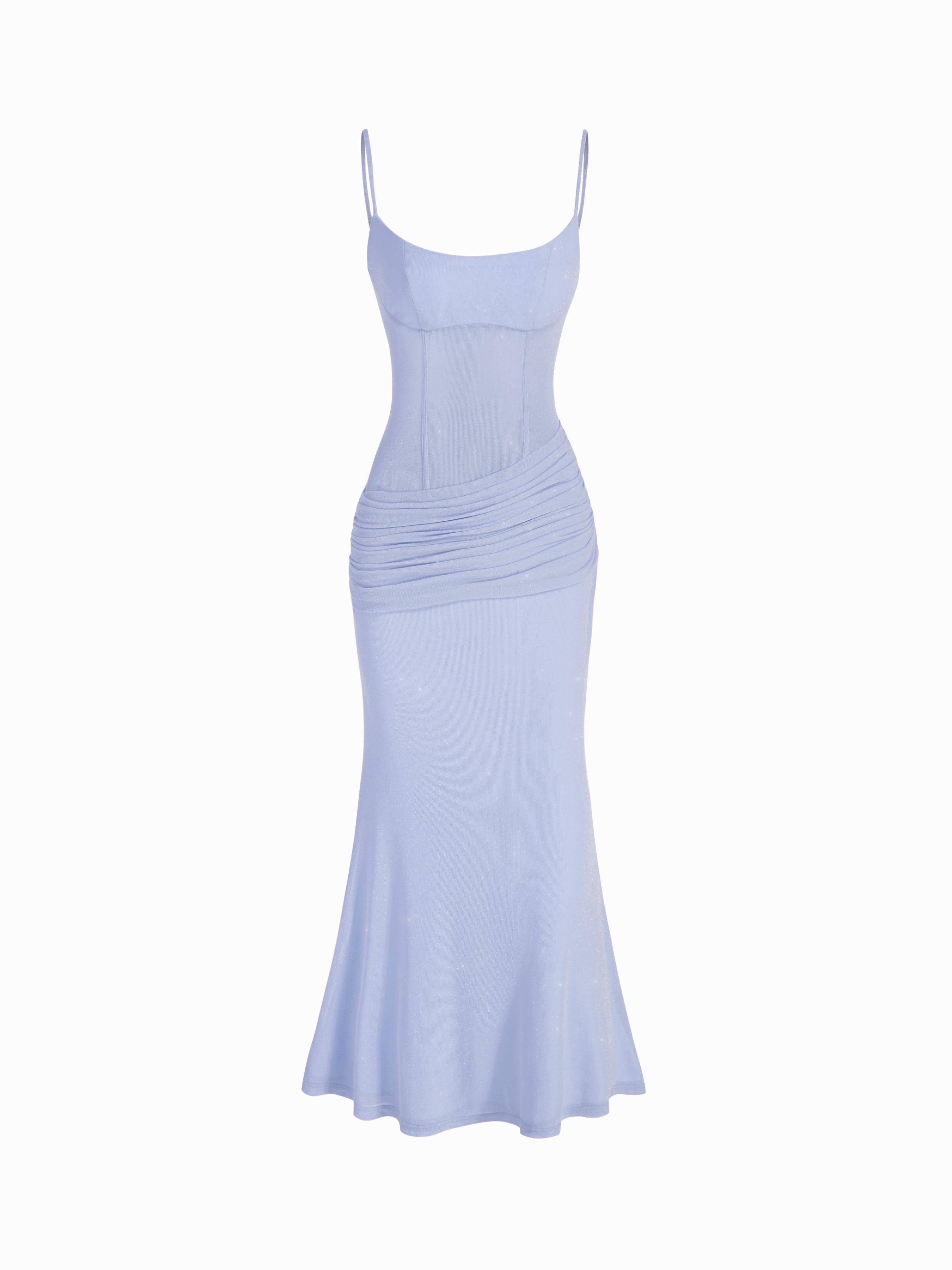 Mesh Sculptural V-neck Pleated Corset Glitter Bobycon Maxi Dress by CIDER