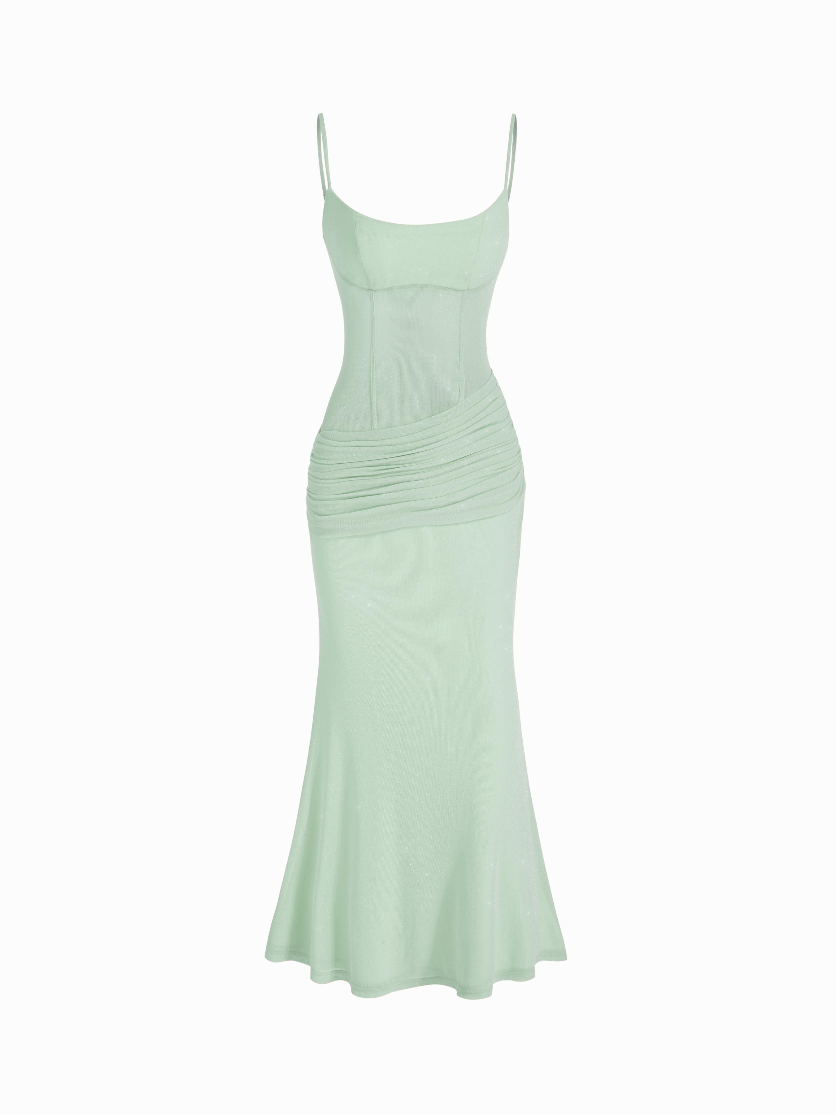 Mesh Sculptural V-neck Pleated Corset Glitter Bobycon Maxi Dress by CIDER