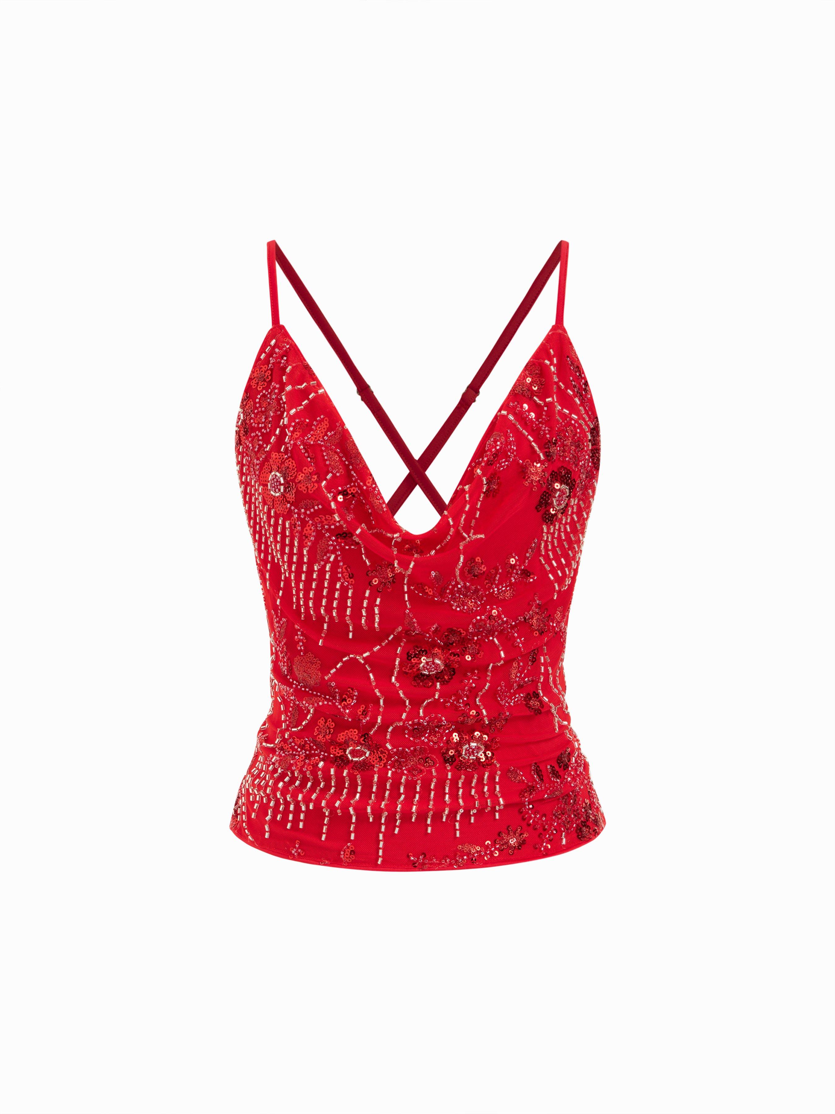 Mesh Sequin Beaded Cowl Neck Cami Top by CIDER