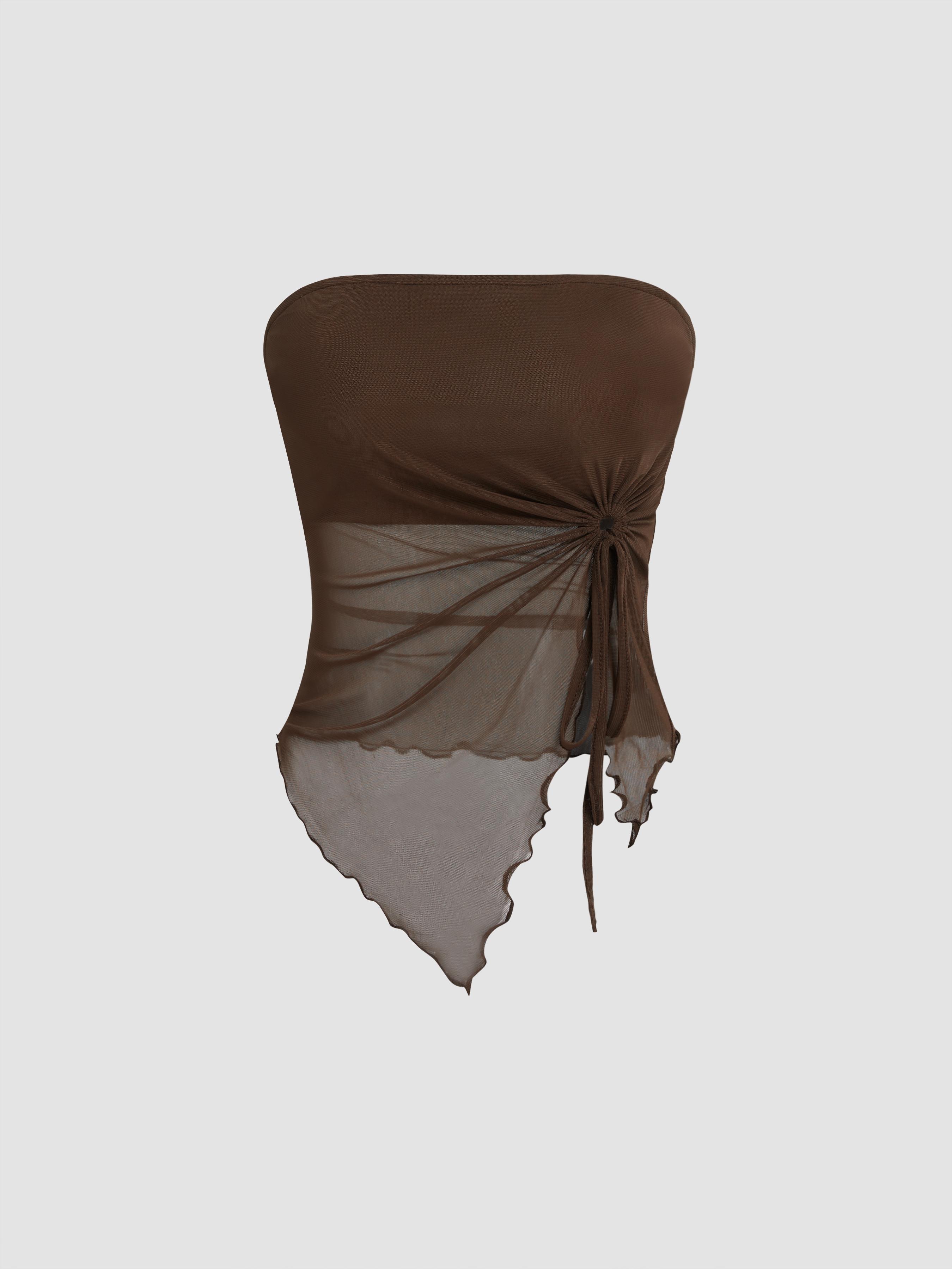 Mesh Solid O-ring Lettuce Trim Knotted Tube Top by CIDER