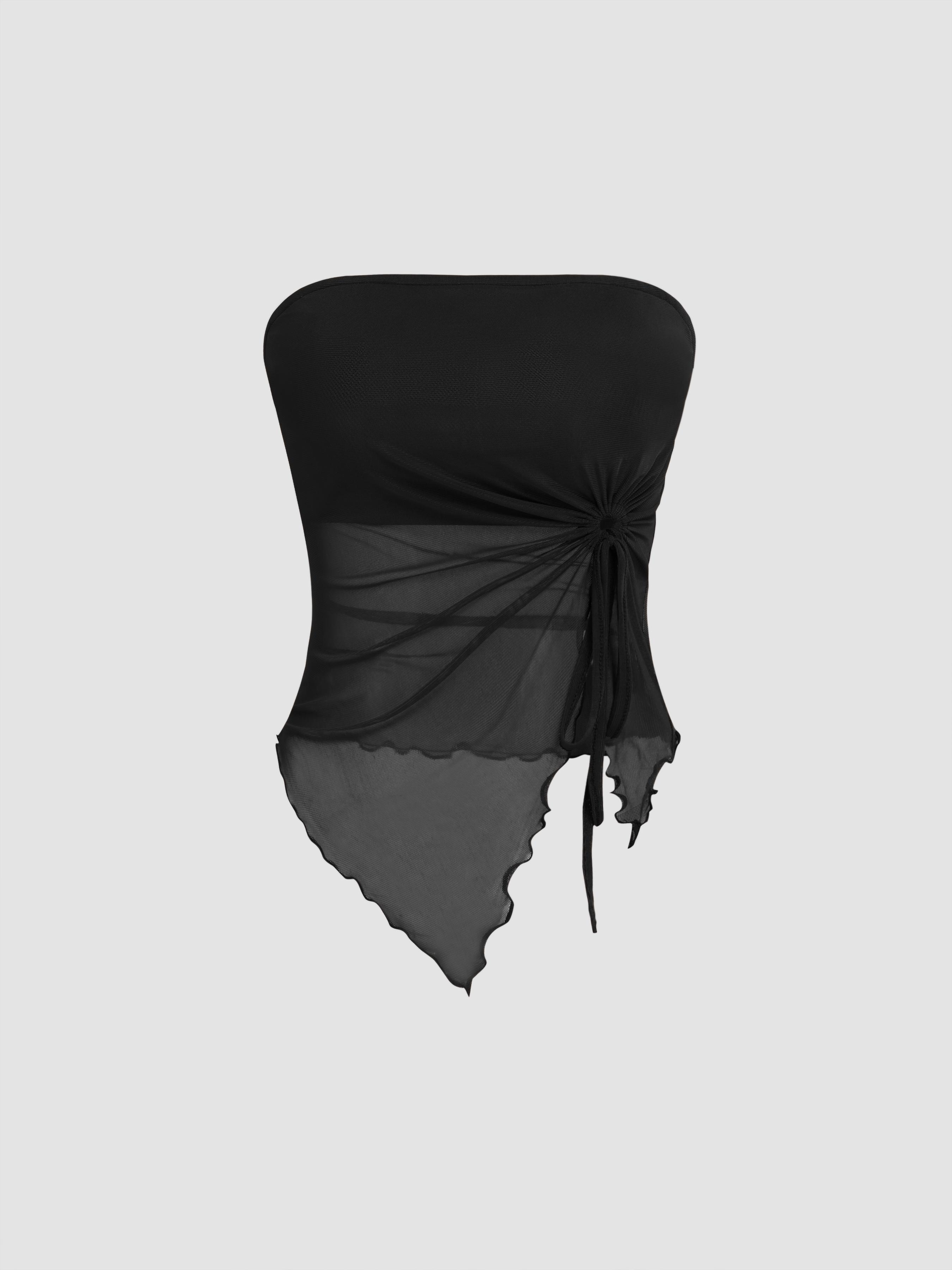 Mesh Solid O-ring Lettuce Trim Knotted Tube Top by CIDER