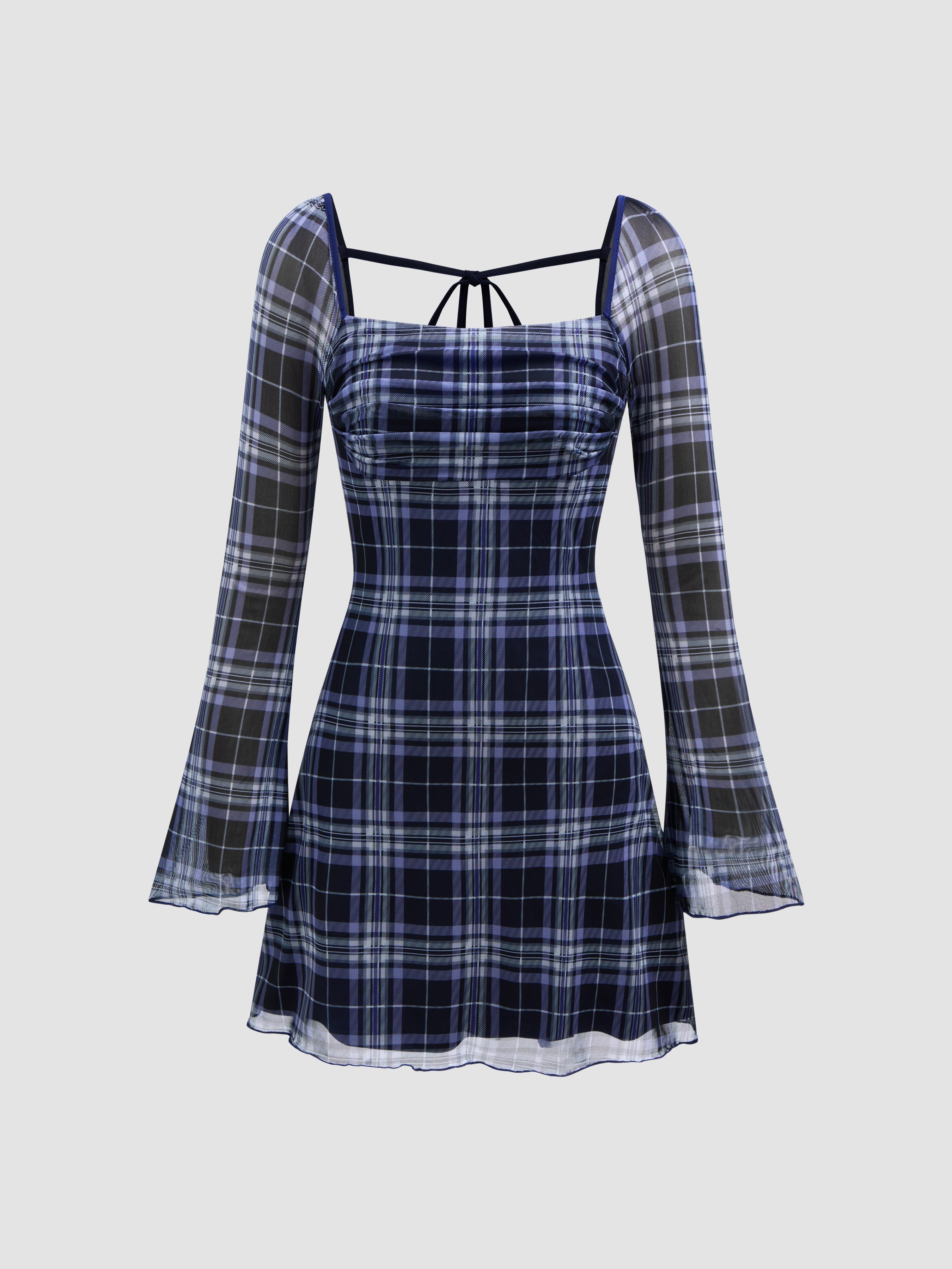 Mesh Square Neck Check Knotted Mini Dress by CIDER