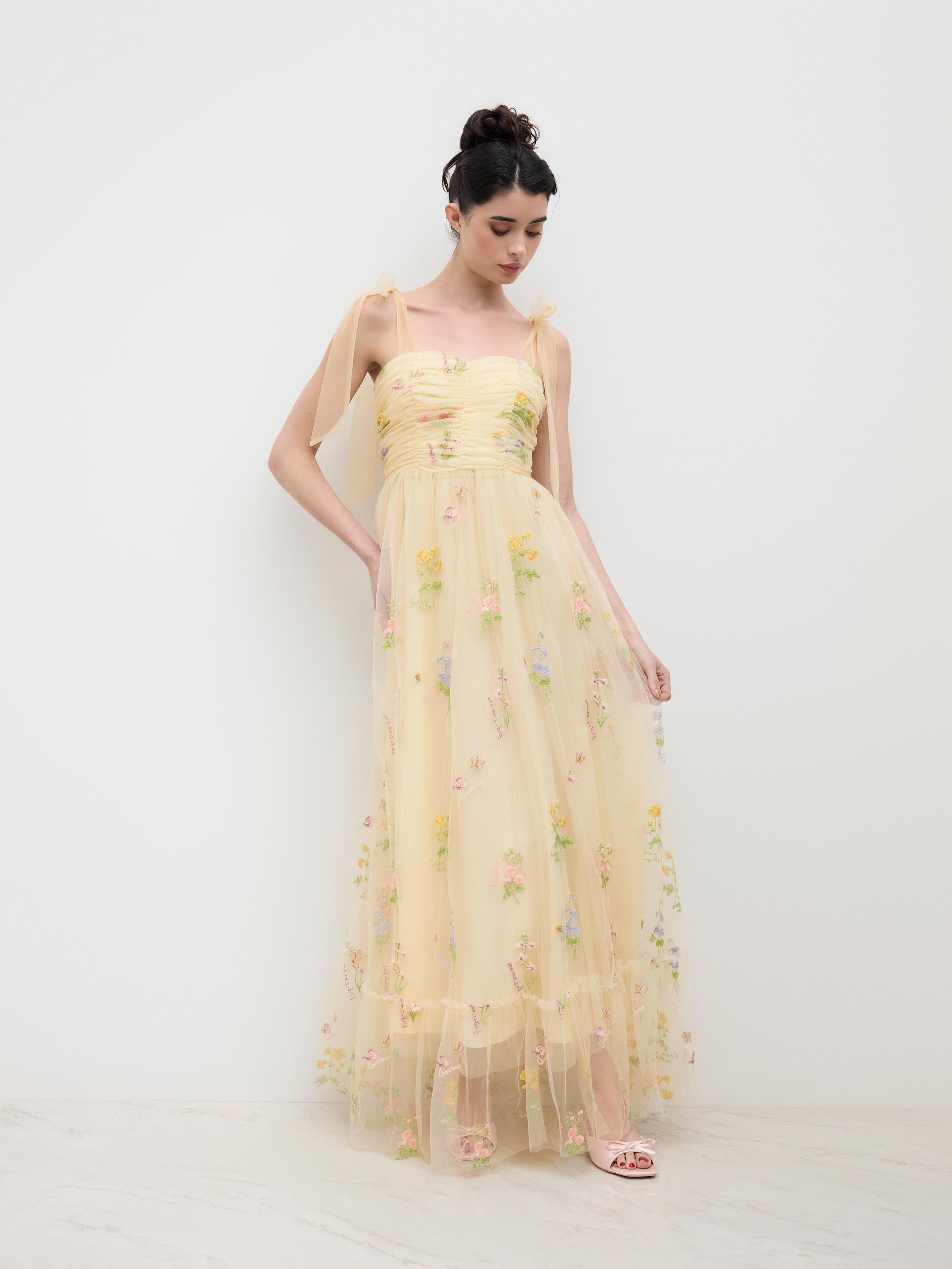 Mesh Square Neck Embroidery Floral Knotted Maxi Dress by CIDER