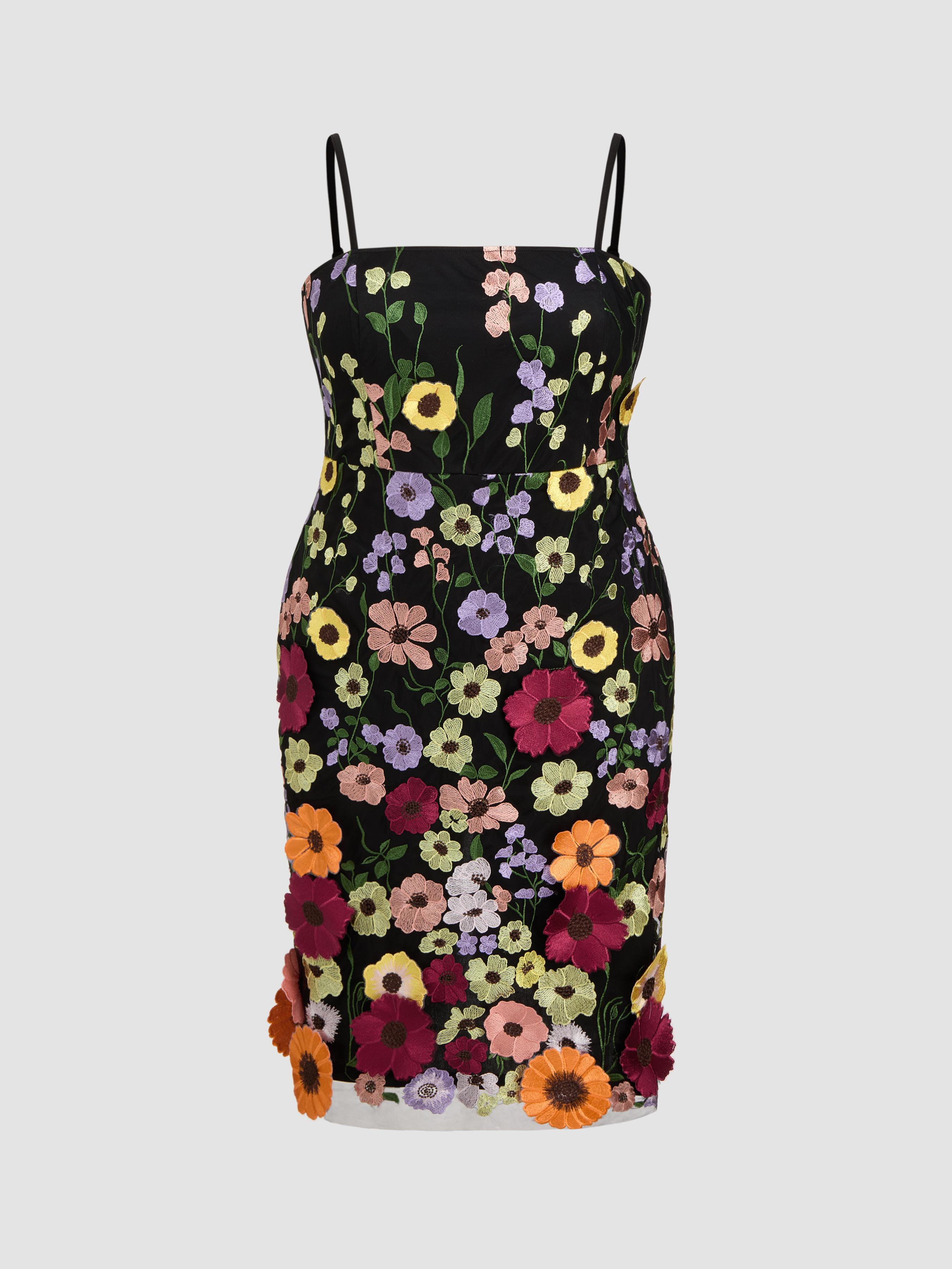 Mesh Square Neck Floral Appliques Midi Dress Curve & Plus by CIDER