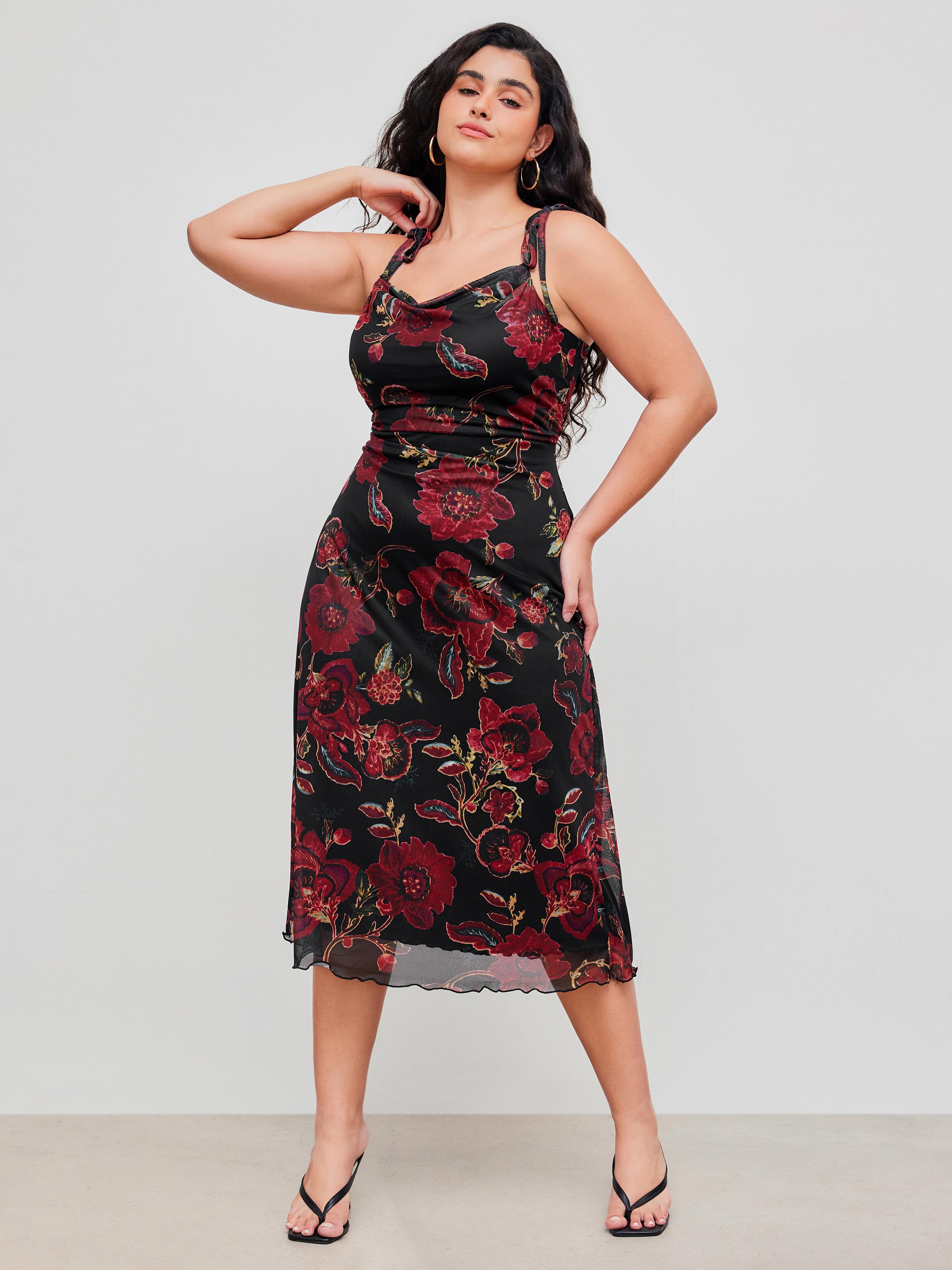 Mesh Square Neck Floral Knotted Midi Dress Curve & Plus by CIDER