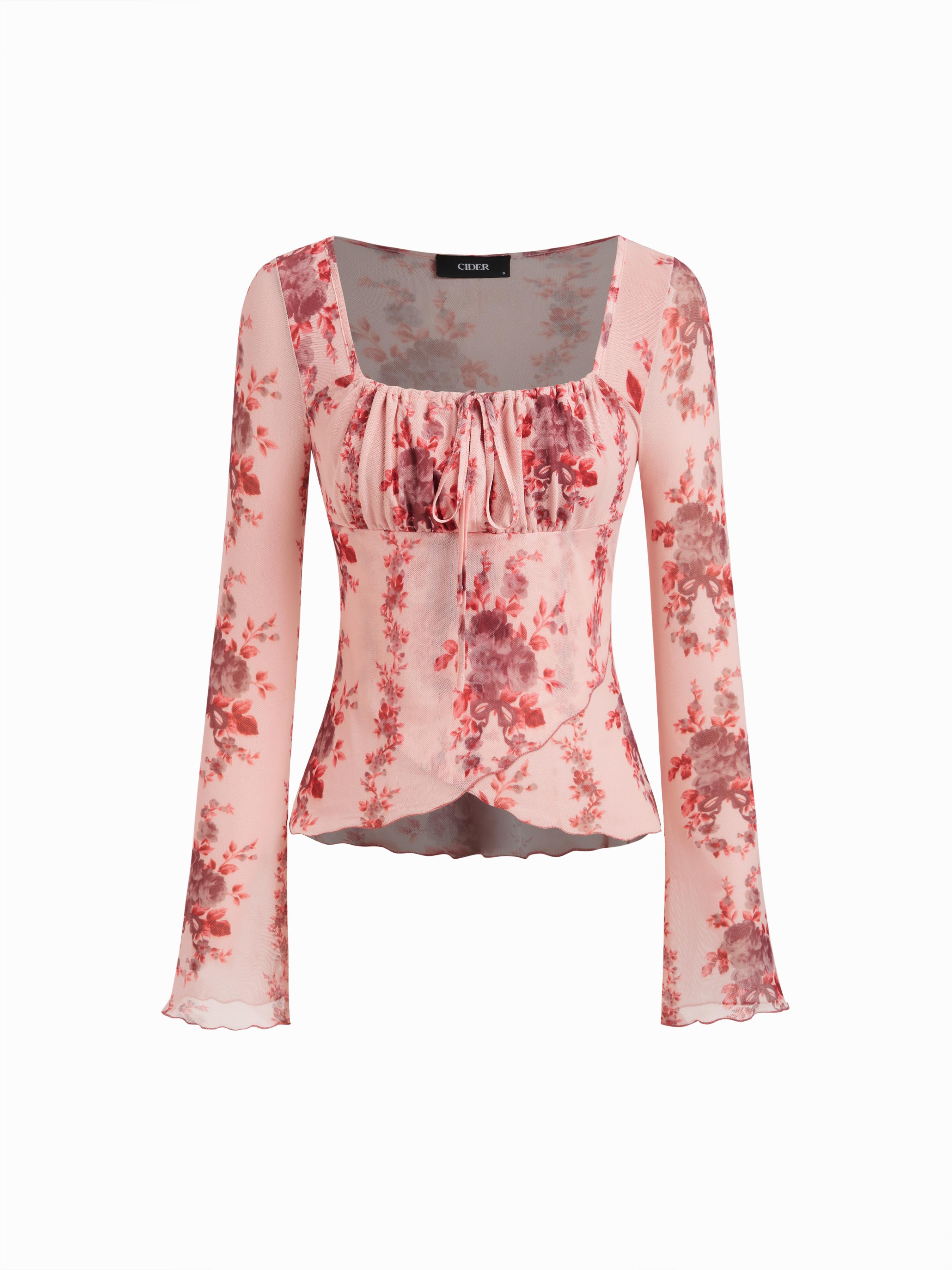 Mesh Square Neck Floral Lettuce Trim Drawstring Ruched Long Sleeve Top by CIDER