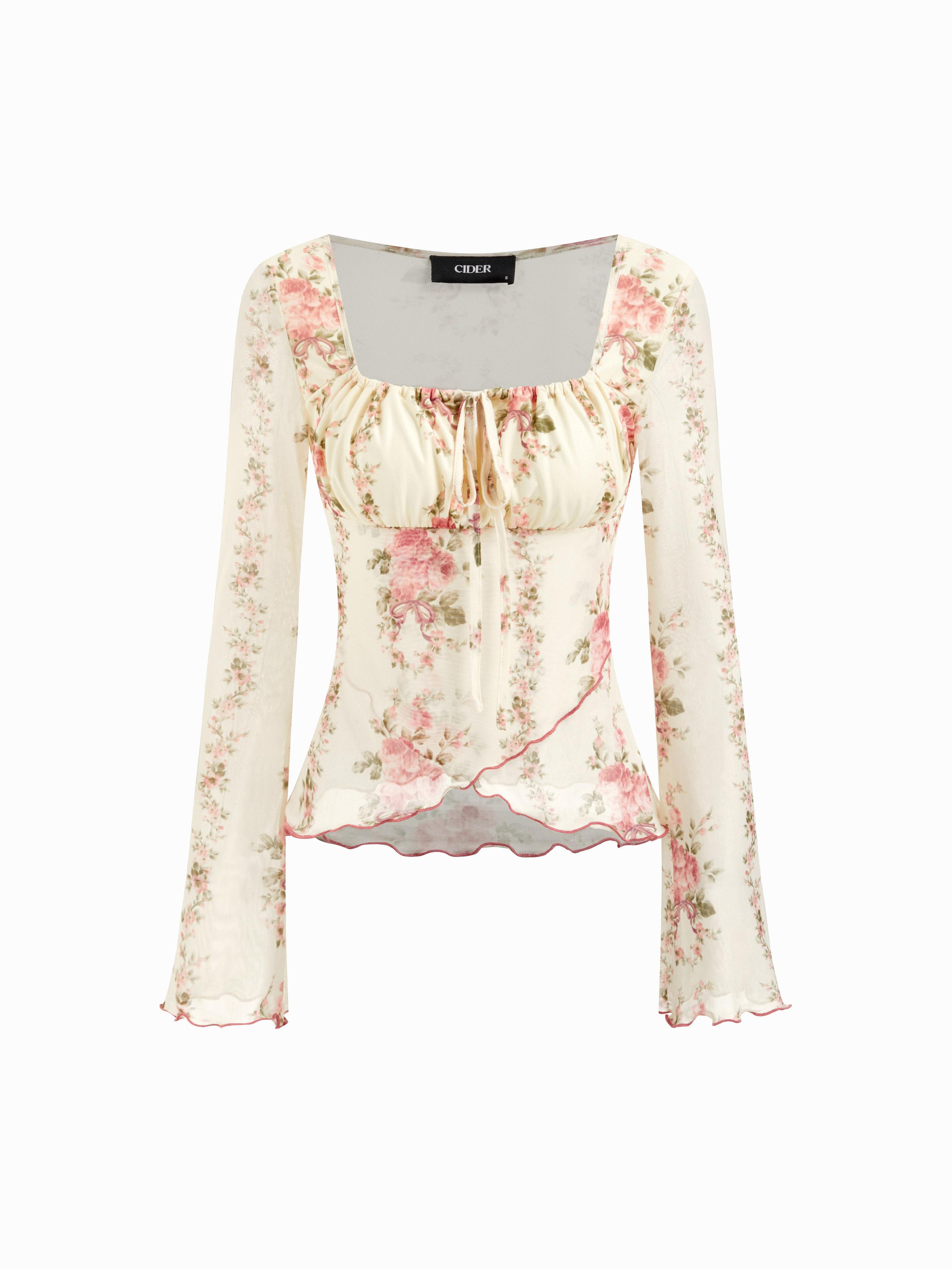 Mesh Square Neck Floral Lettuce Trim Drawstring Ruched Long Sleeve Top by CIDER